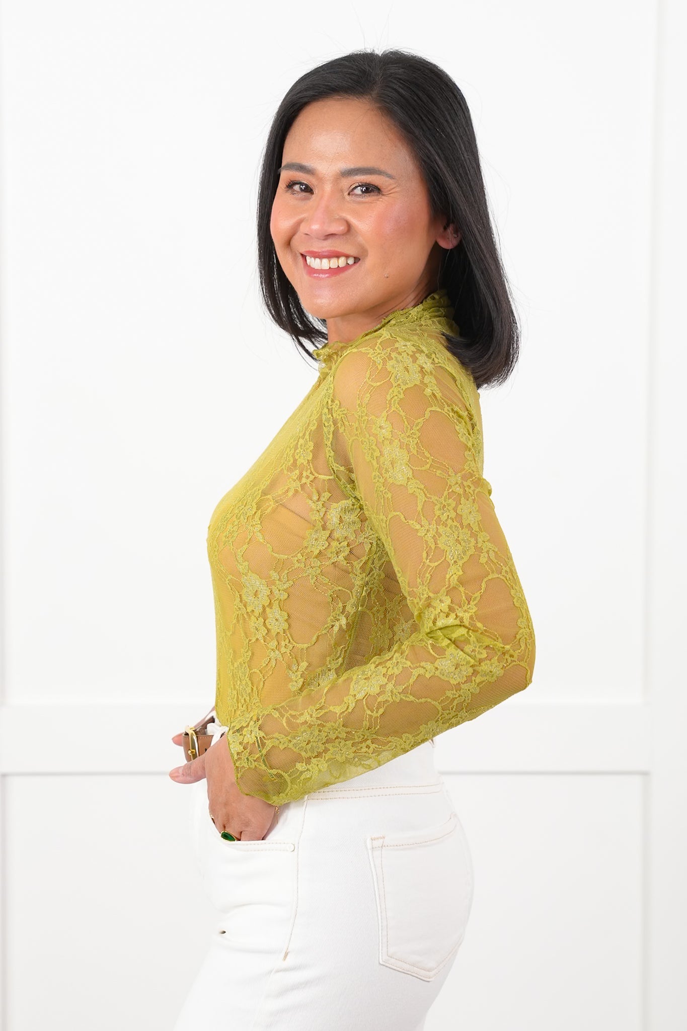 Plus/Reg Floral Lace Long Sleeve Mock Neck Top