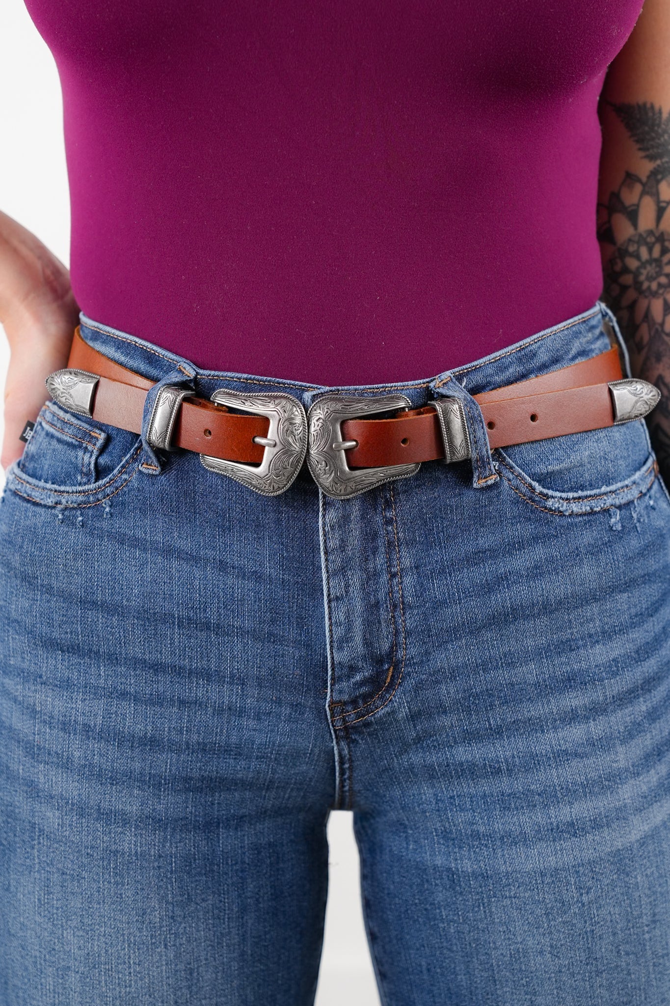 Double Buckle Western Style Leather Belt