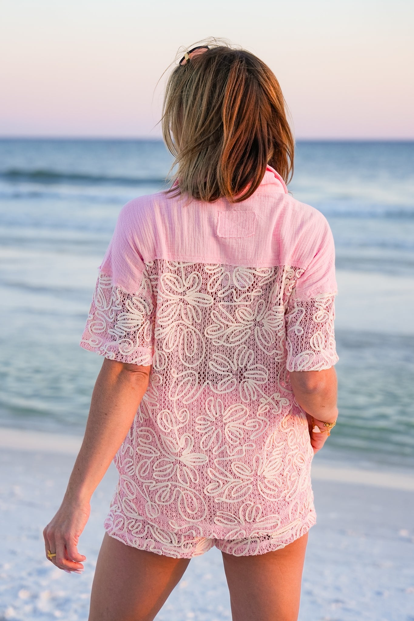 Pink Loose Knit Long Sleeve Button Down Top and Shorts Set