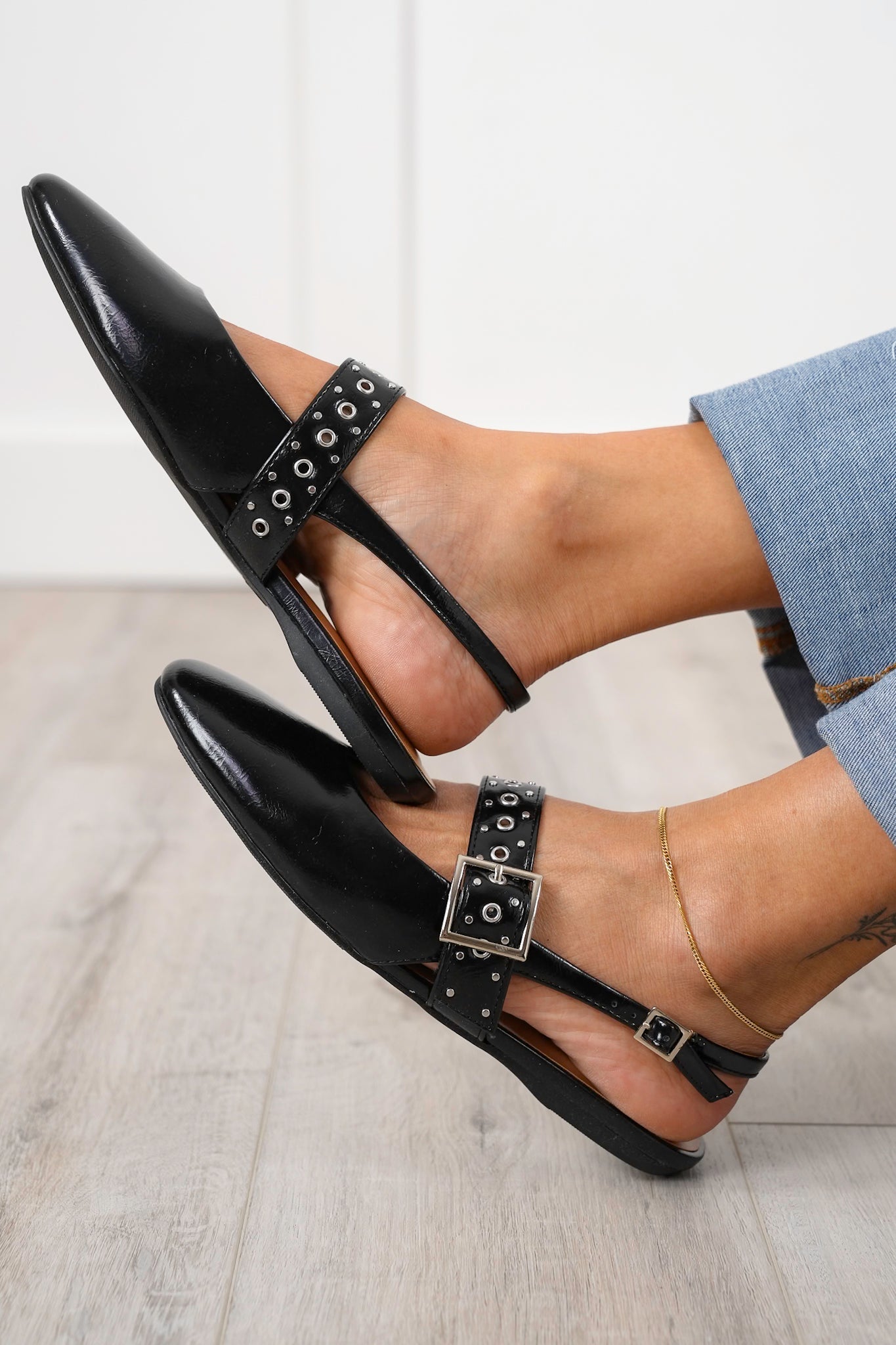 Pointed Toe Slingback Flats with Studded Buckle Strap Detail