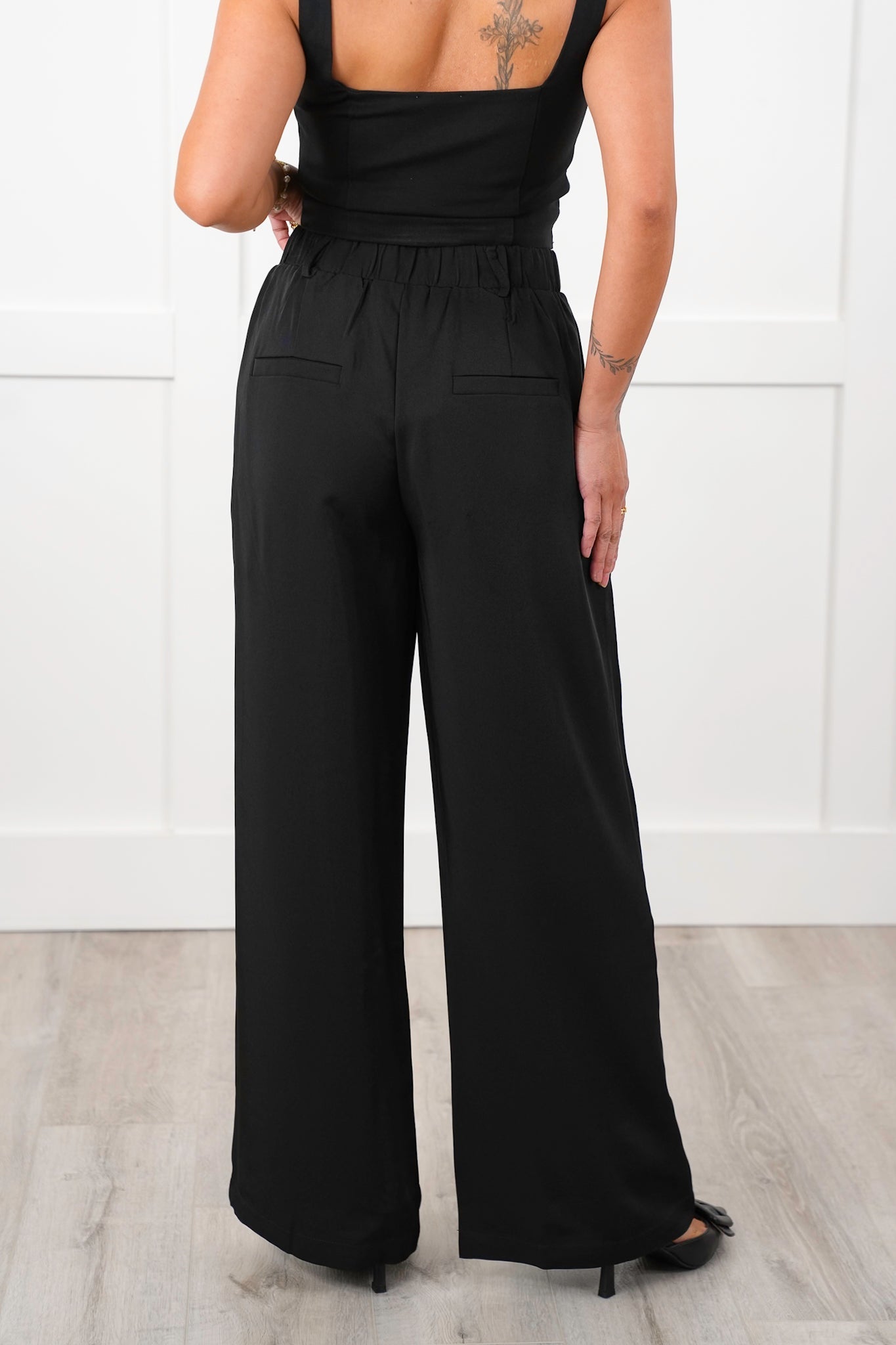 Black Twill Pleated Cross Over Waist Palazzo Pants