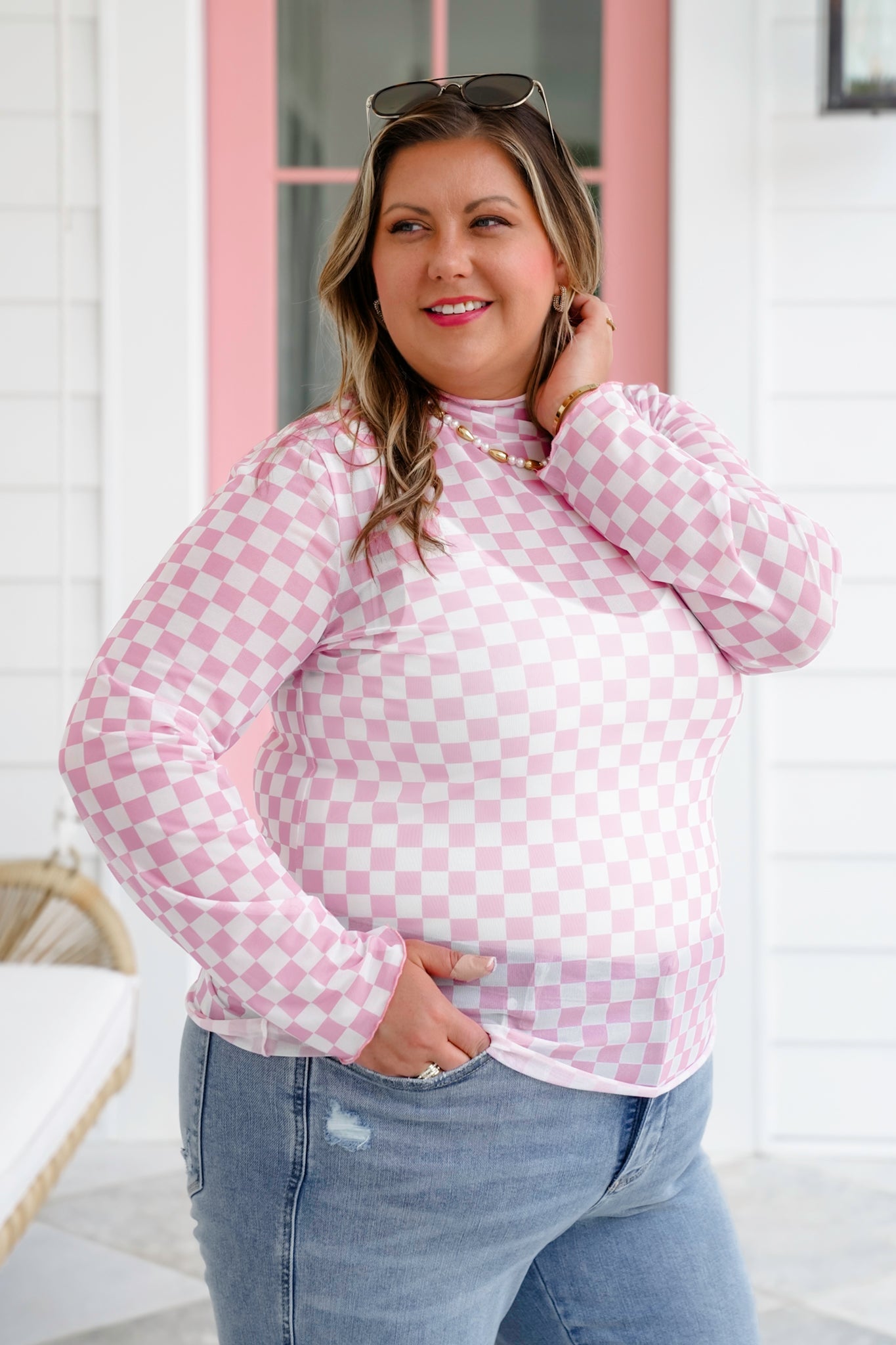 Plus/Reg Checkered Mesh Long Sleeve Mock Neck Top