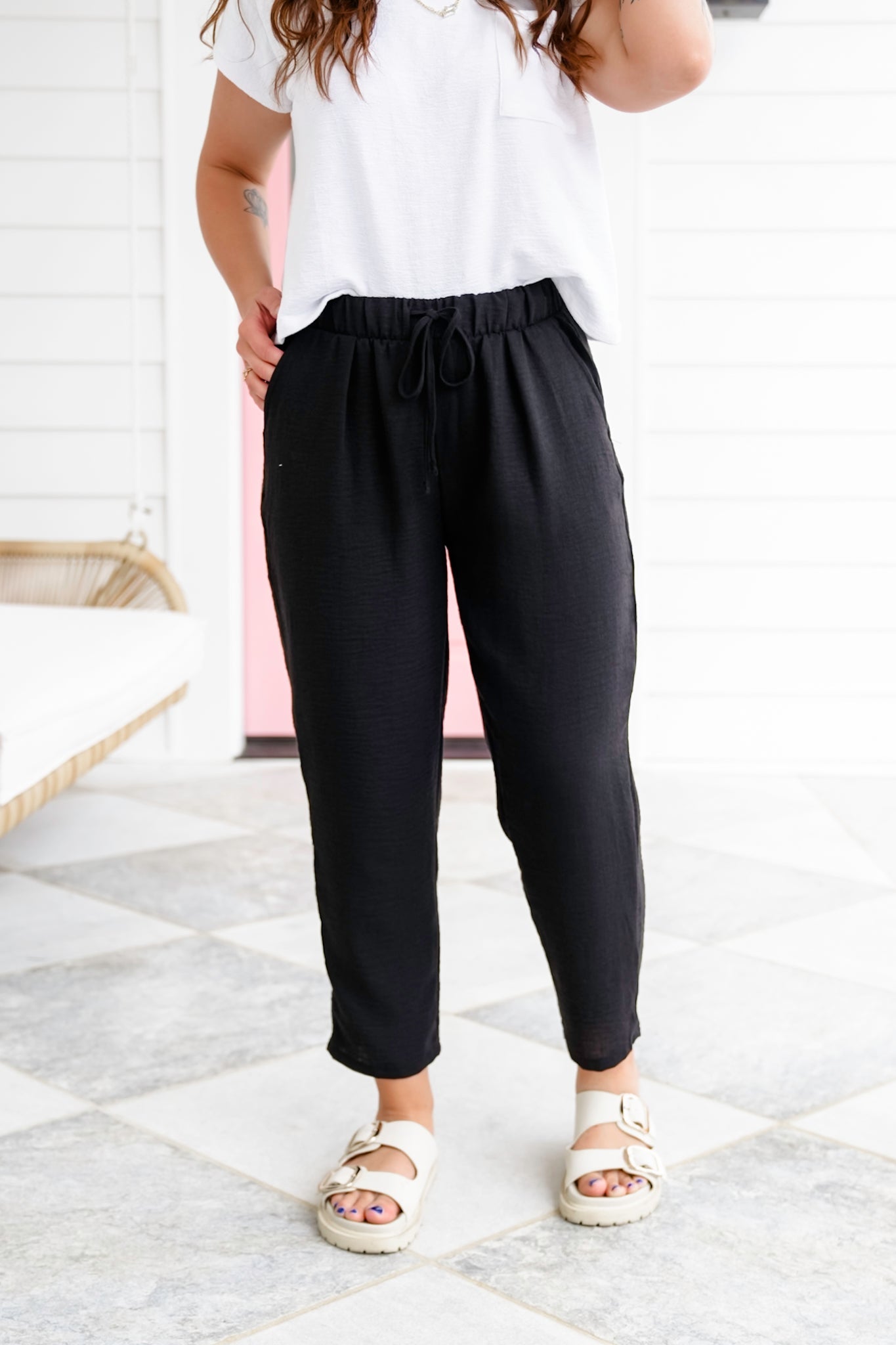 Door Buster! Zenana Woven Crepe Drawstring Elasticband Waist Pants