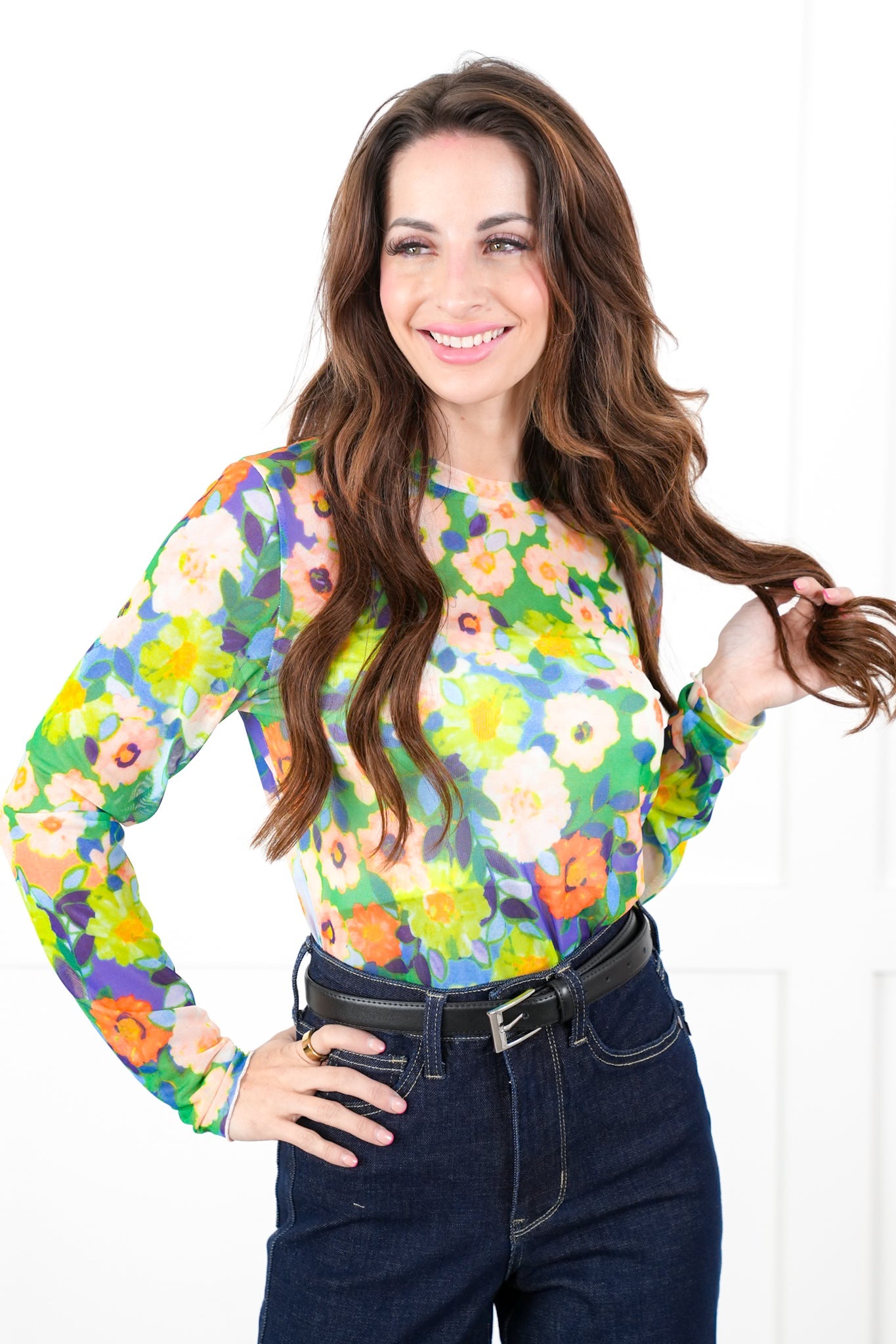 Restock! Plus/Reg Floral Print Mesh Long Sleeve Top