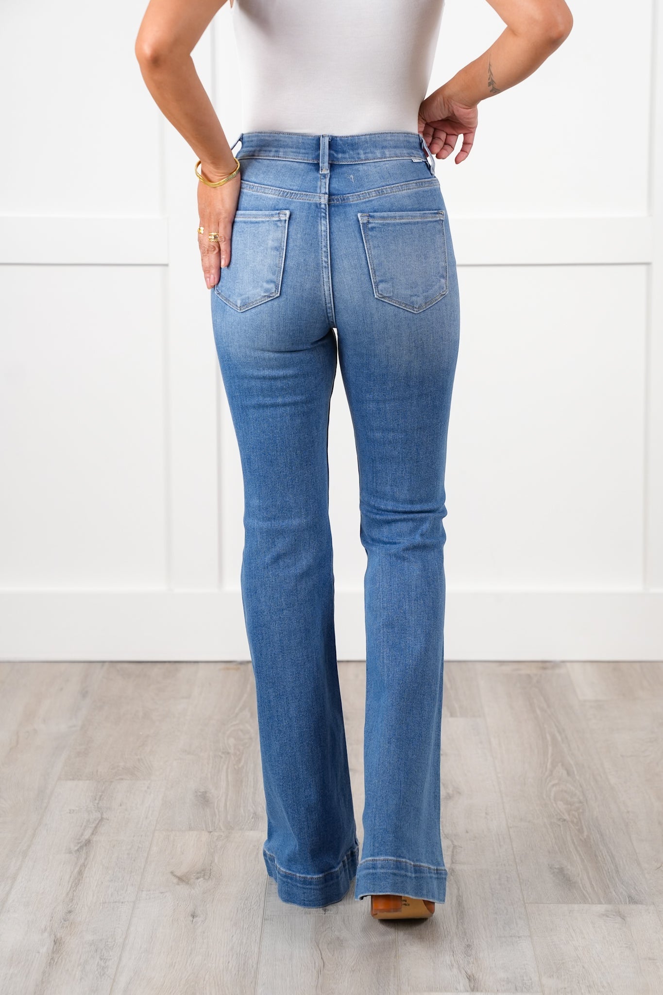 Risen High Rise Medium Wash Elastic Waistband Flare Front Patch Pocket Jeans