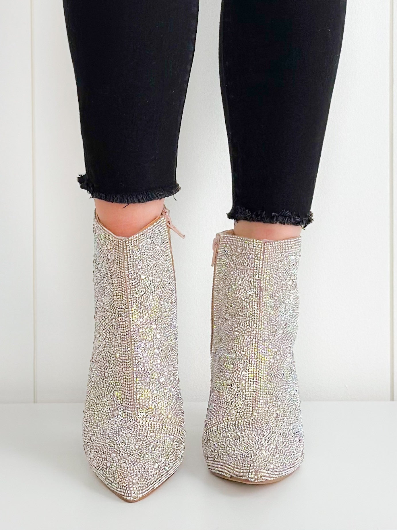 Silver Rhinestone Pearl Beaded Heels w/ Side Zipper
