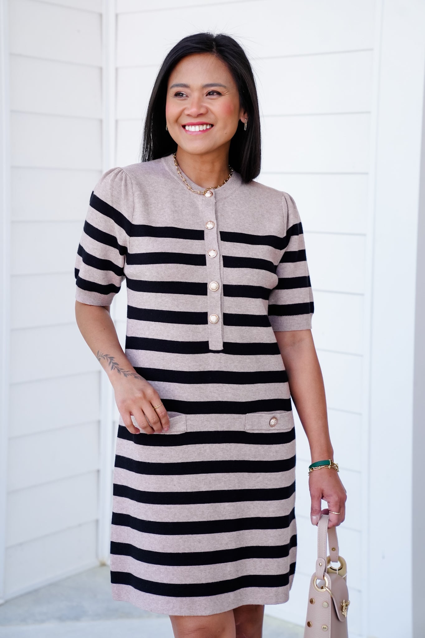 Striped Short Sleeve Dress with Button Details