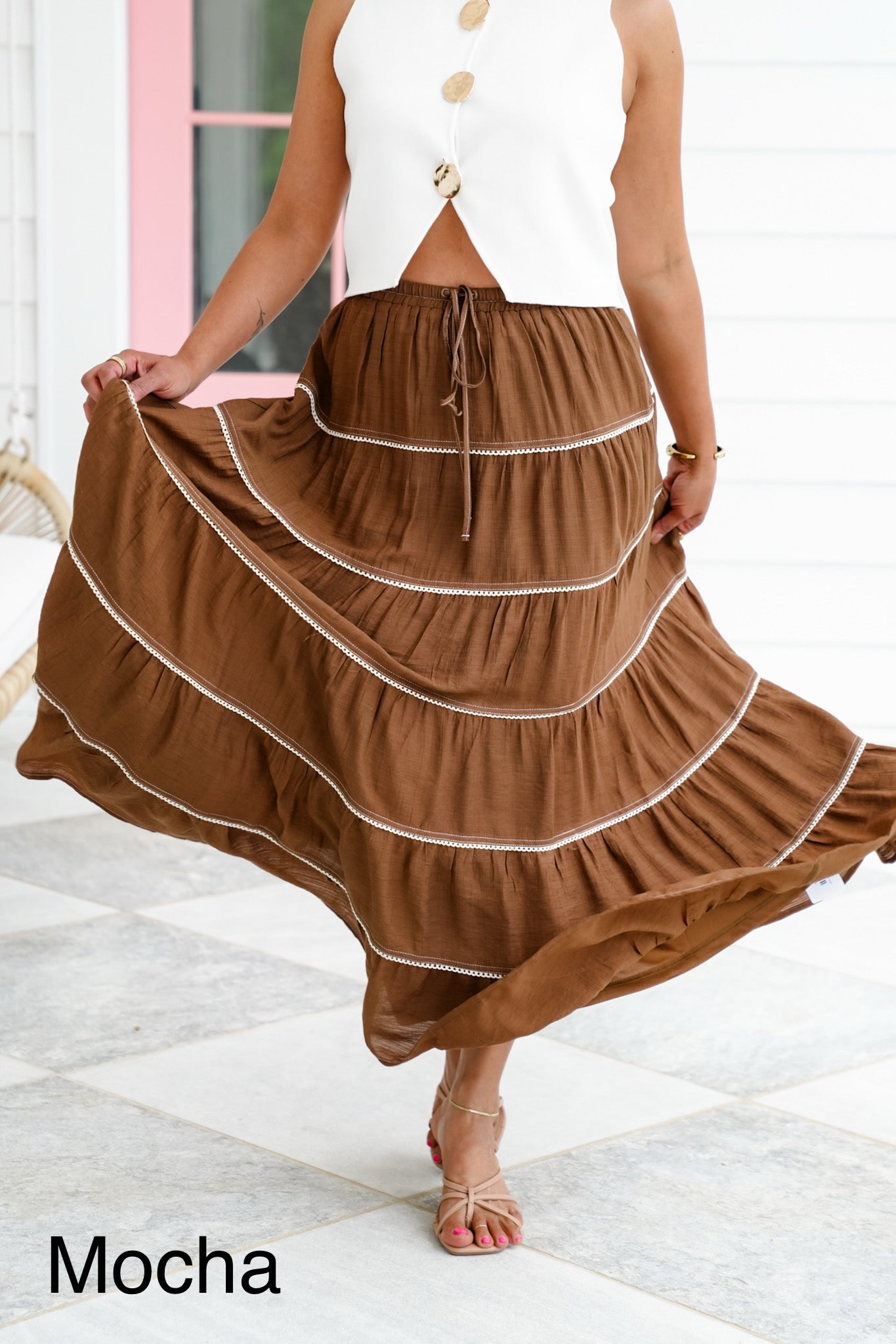 Elastic Waist Tiered Maxi Skirt with Crochet Trim Detail