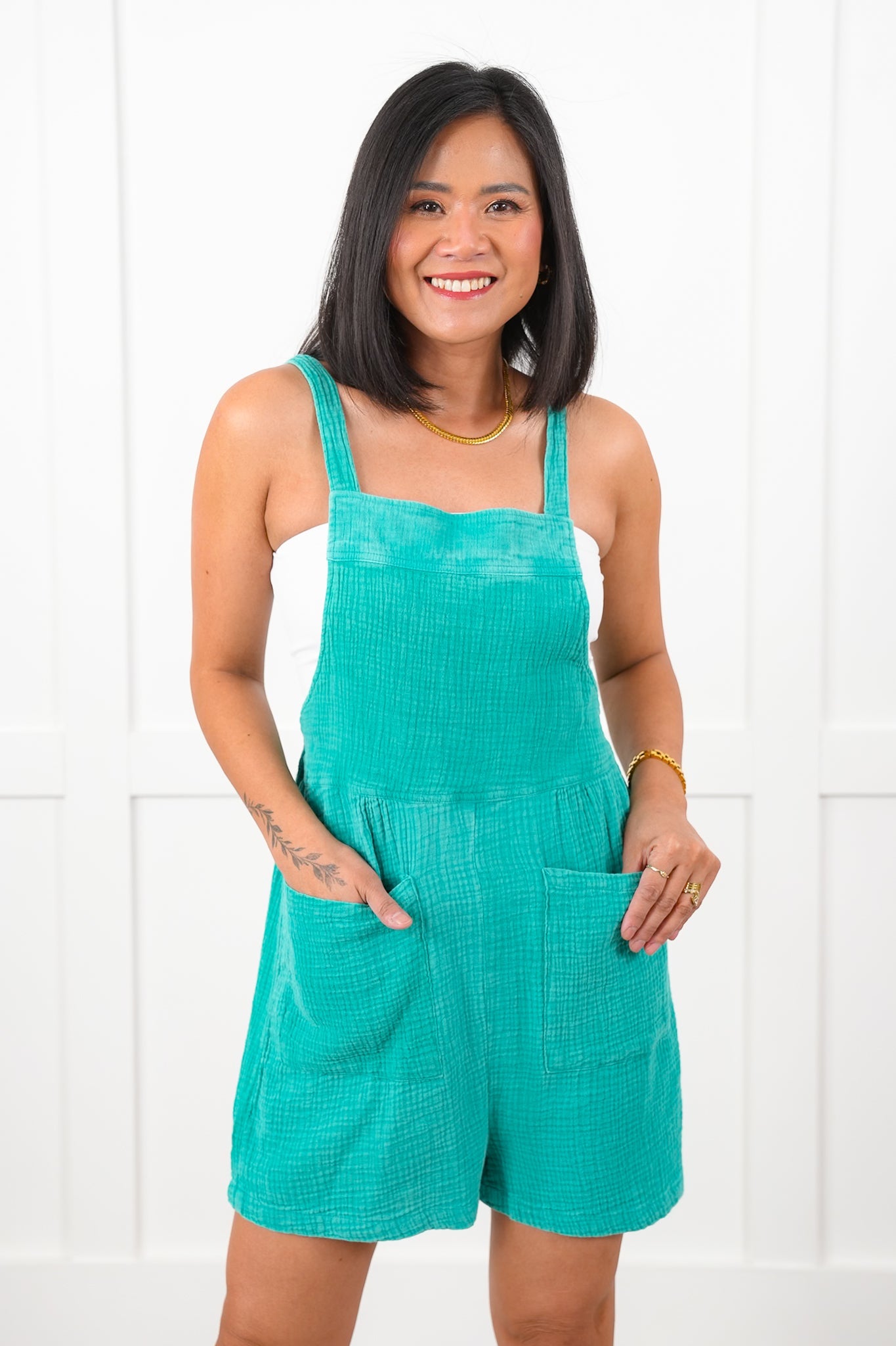 Gauze Sleeveless Romper with Front Patch Pockets