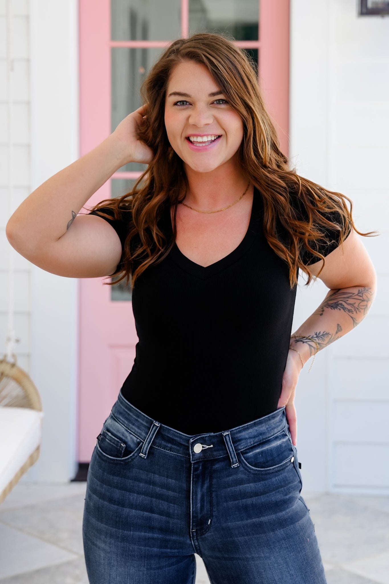 Ribbed Knit Short Sleeve V Neck Bodysuit