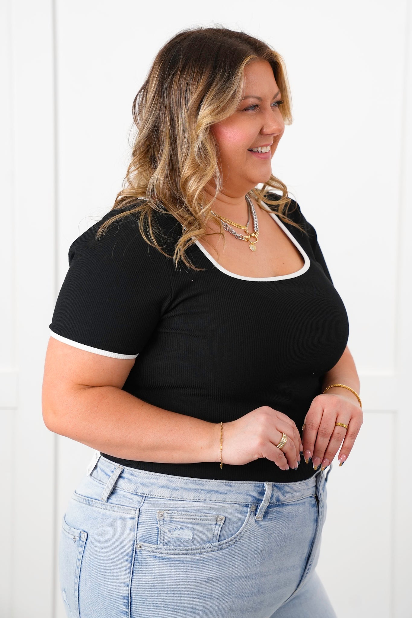 Restock! Plus/Reg Ribbed Knit Short Sleeve Square Neck Top with Contrast Trim Detail
