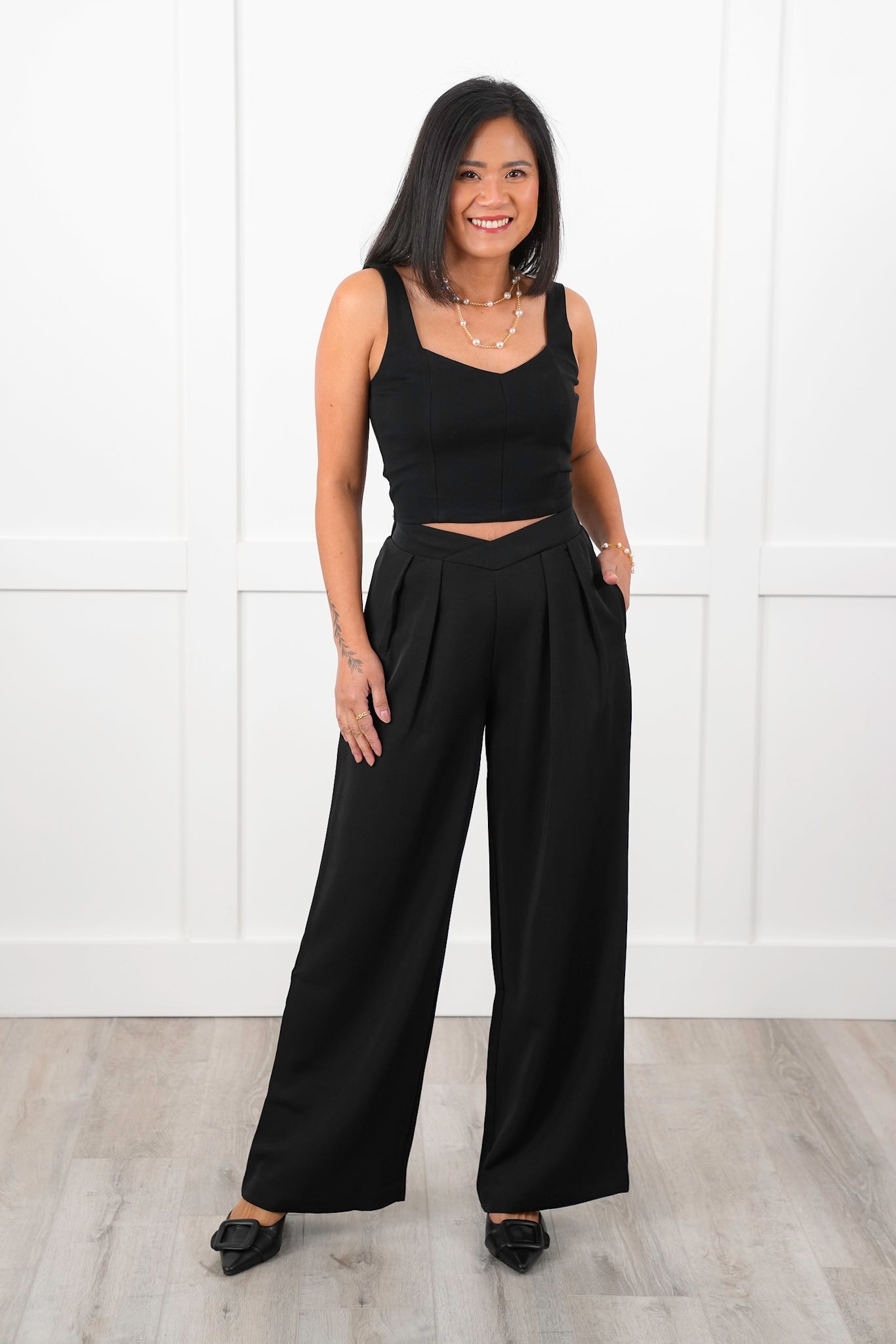 Black Twill Pleated Cross Over Waist Palazzo Pants