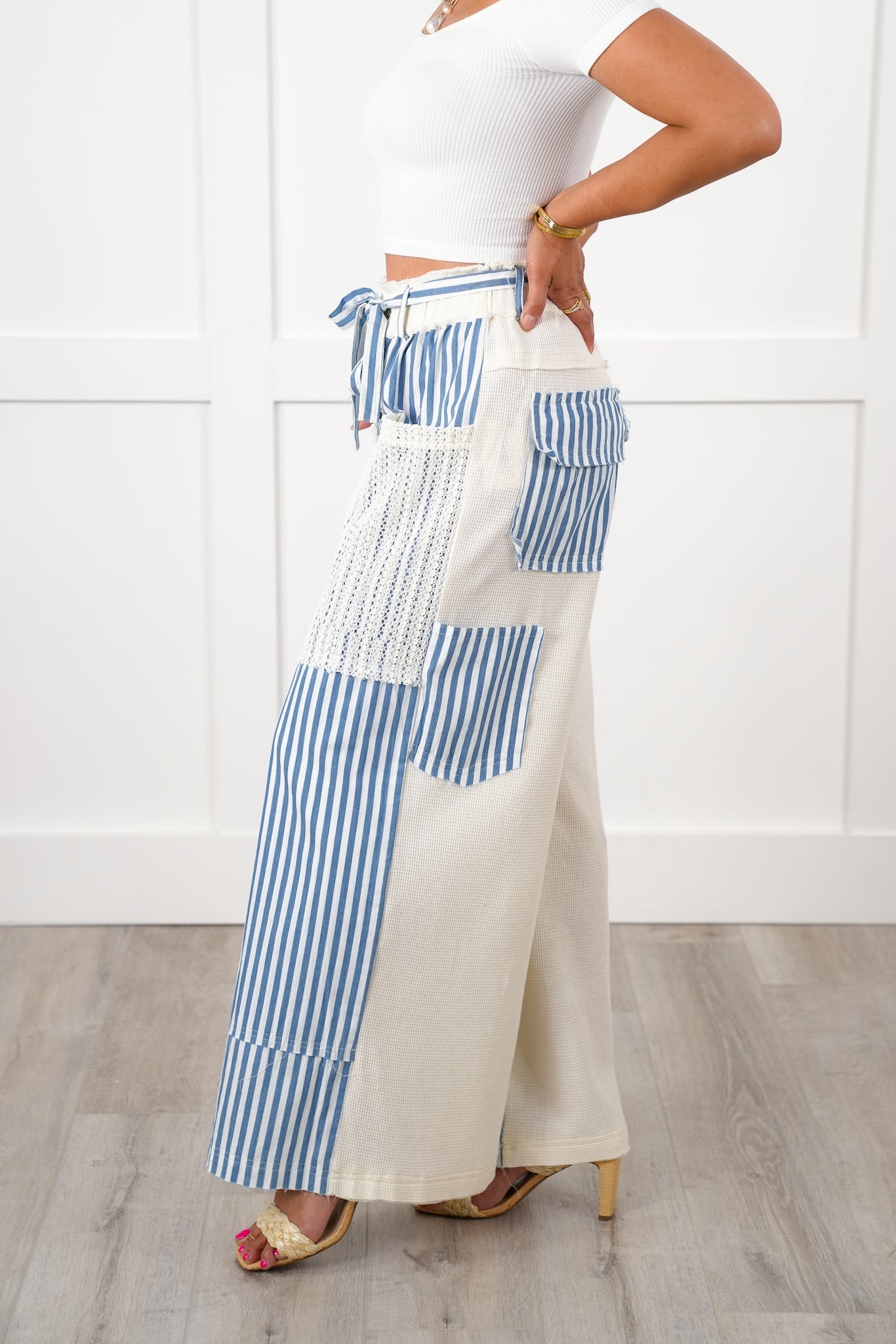 POL Stripe Woven Pants with Crochet Detail