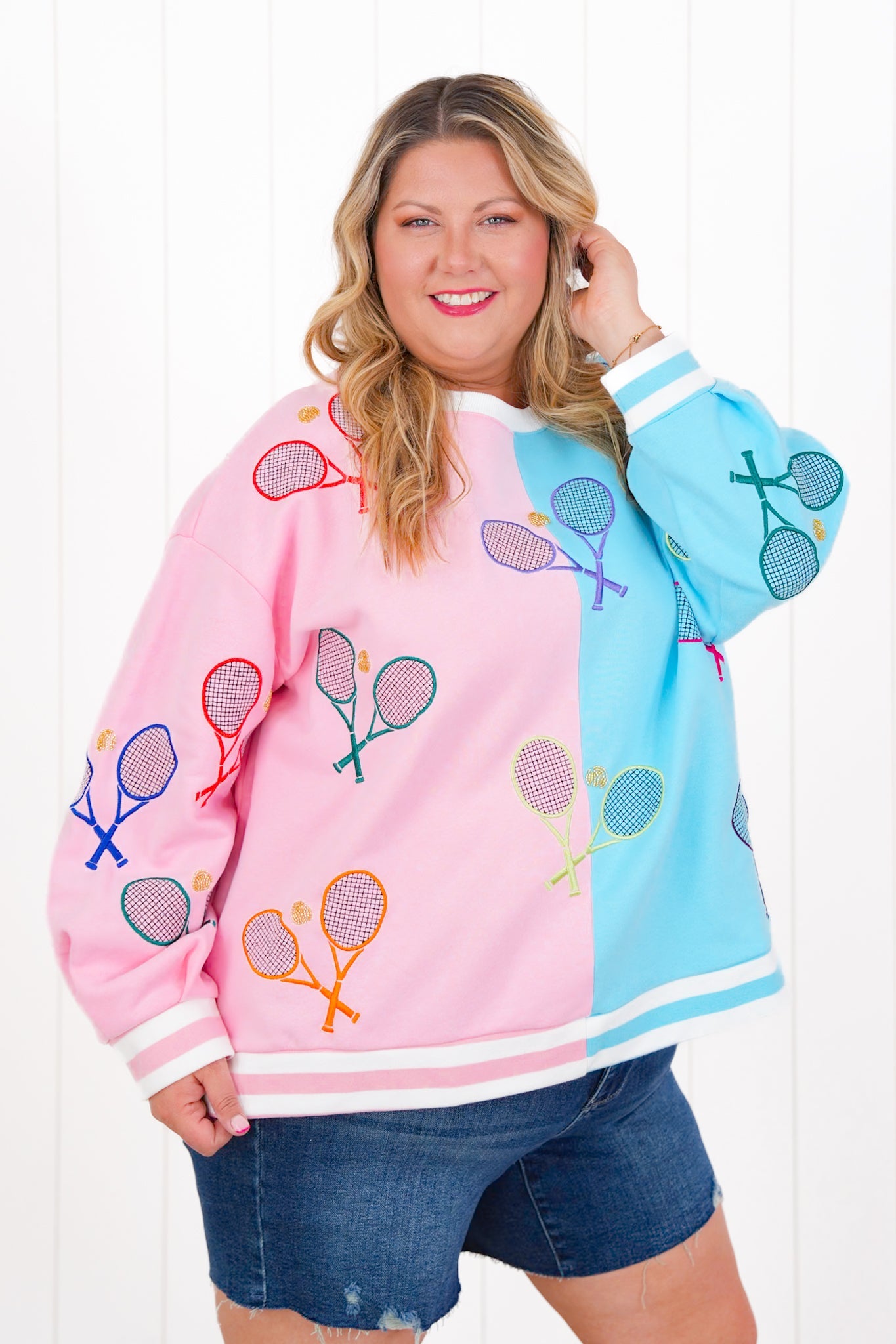 Plus/Reg Queen Of Sparkles Long Sleeve Color Block Sweatshirt with Sequin Tennis Detail