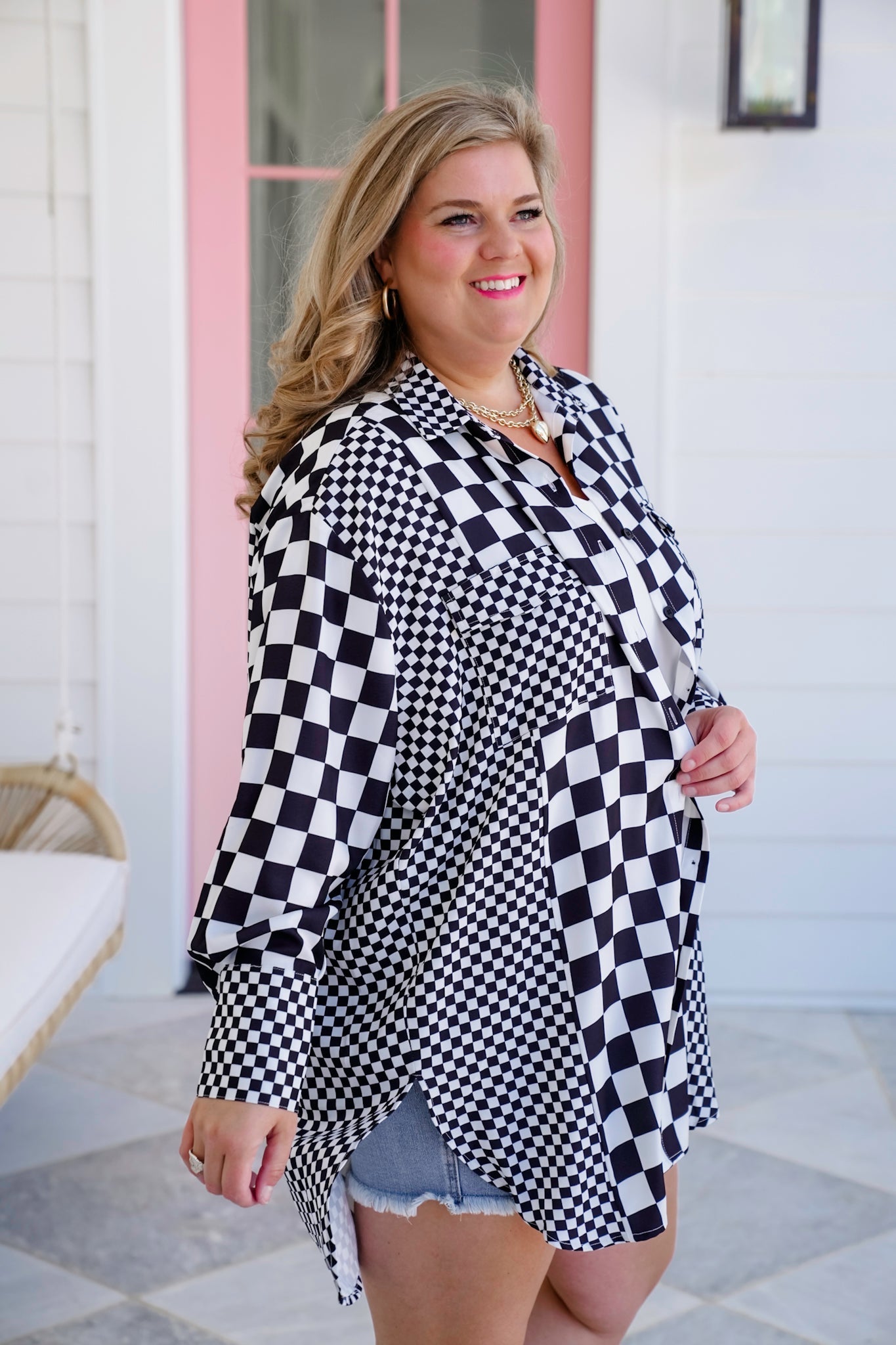 Checkered Long Sleeve Button Down Shirt