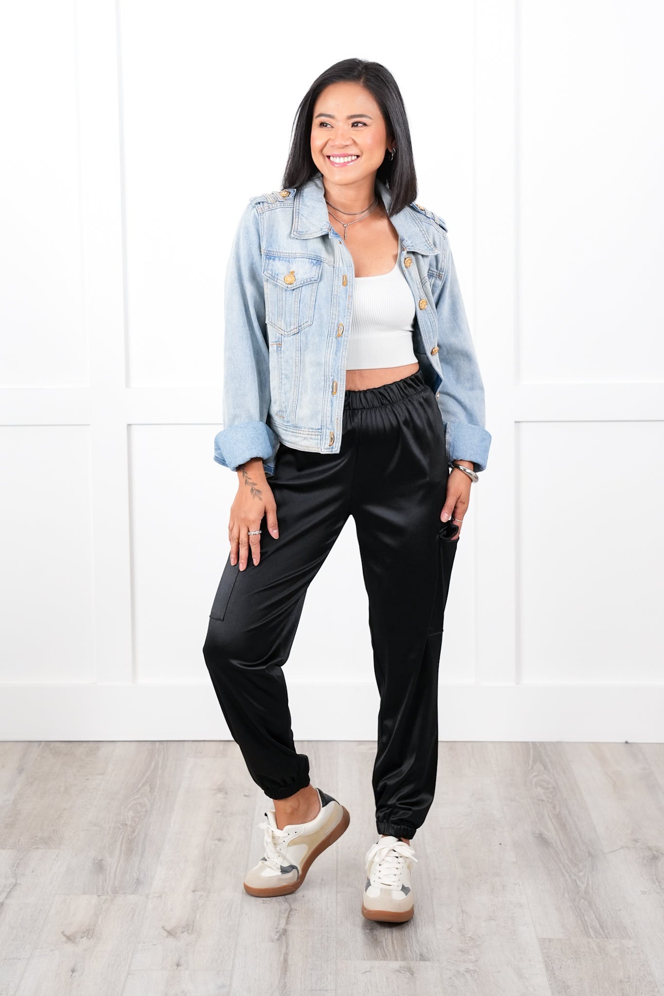 Plus/Reg Black Satin Elastic Waist Cargo Jogger Pants
