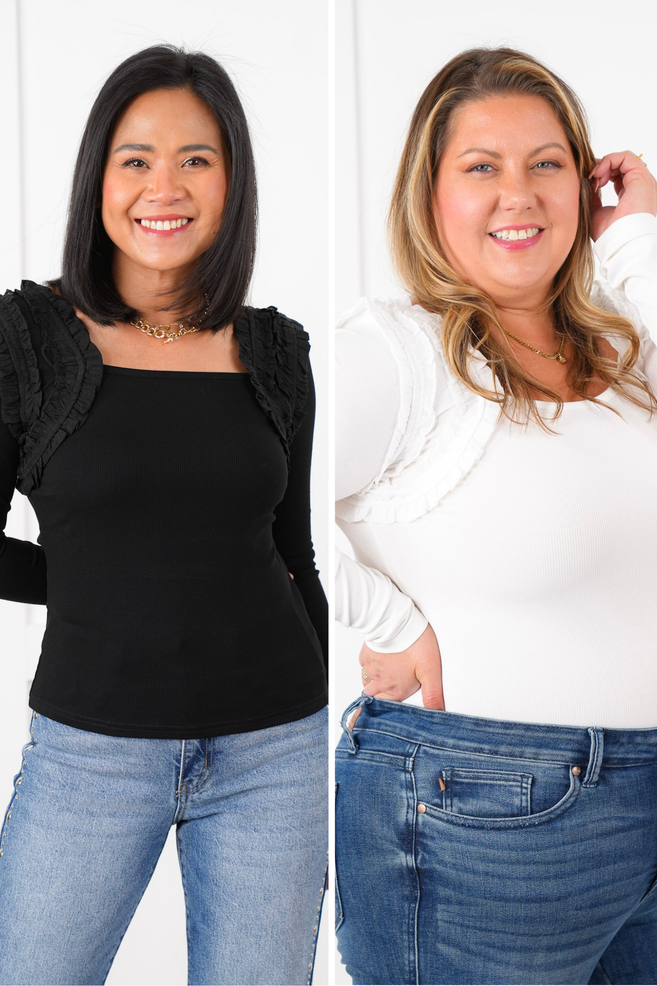 Long Sleeve Square Neck Top with Ruffle Detail