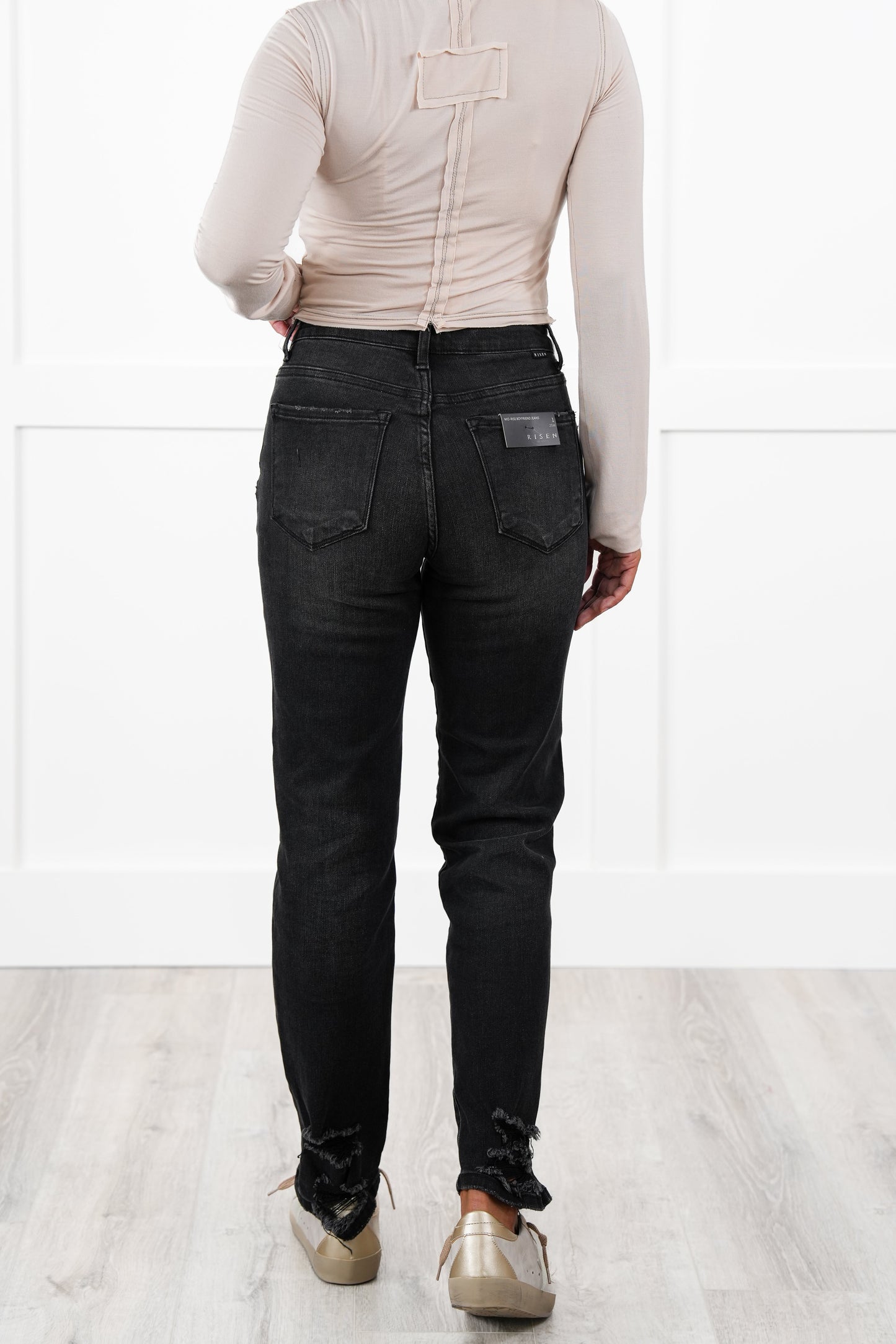 Risen Black Distressed Mid Rise Boyfriend Jeans