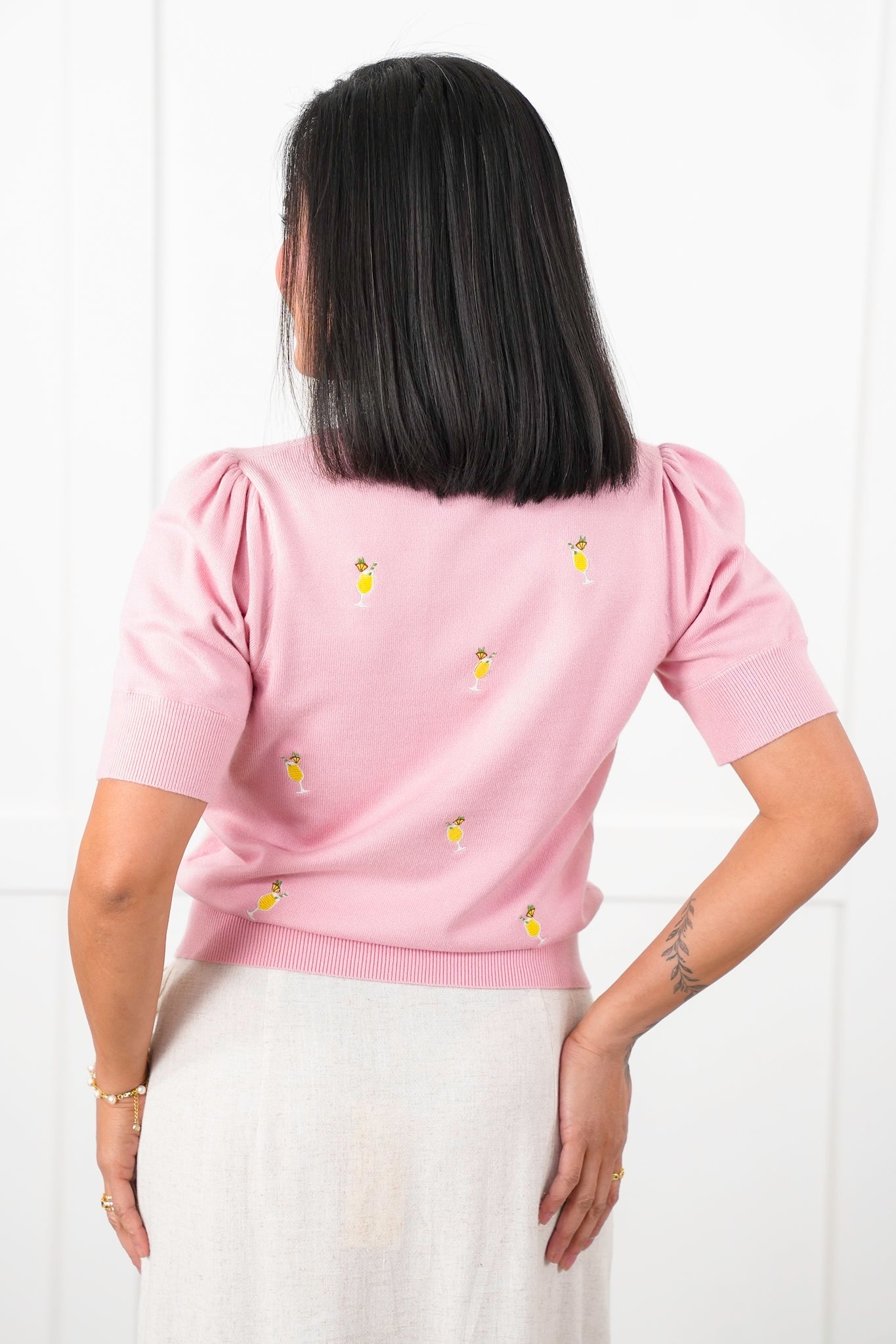 All Over Embroidered Tropical Drink Short Sleeve Knit Top
