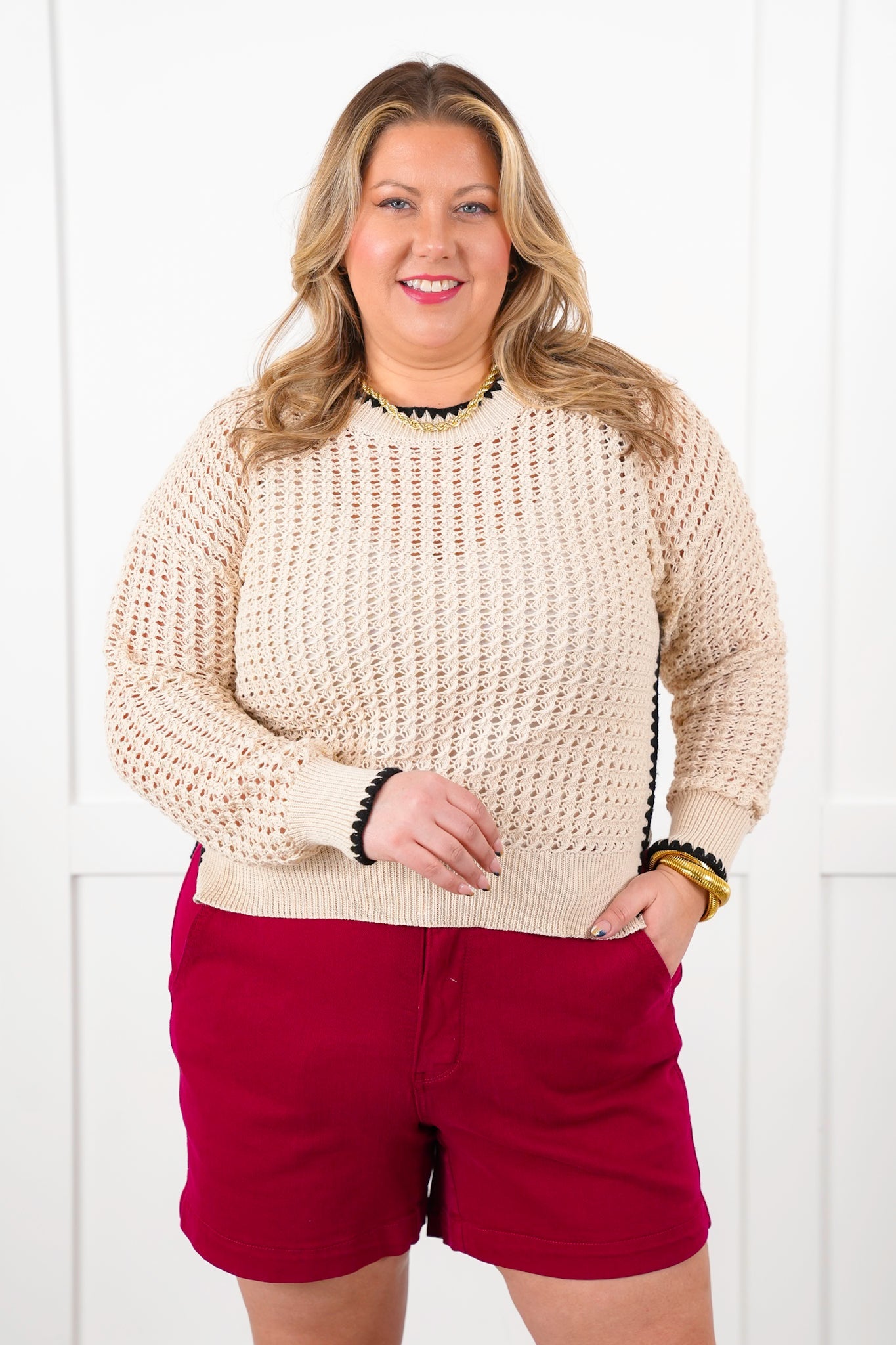 Plus/Reg Natural Loose Knit Long Sleeve Pullover Top with Trim Detail