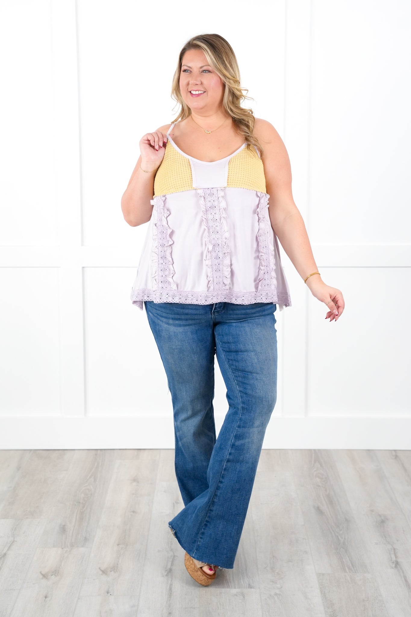 POL Sleeveless V Neck Knit Top with Ruffle Detail