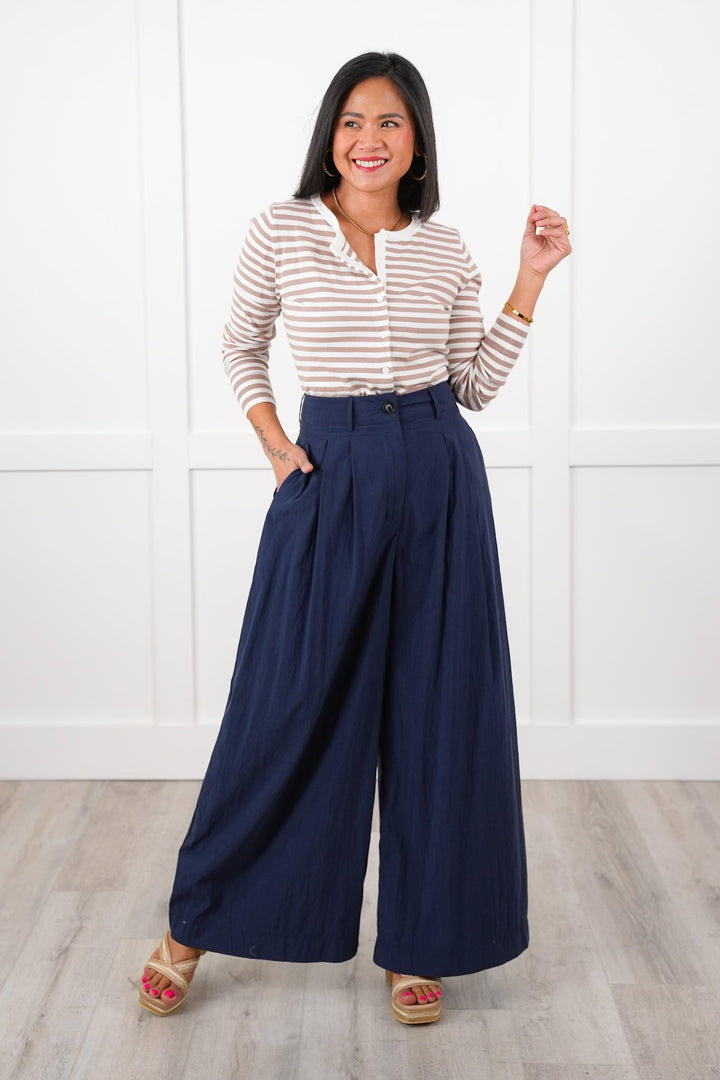 Navy Pleated High Waist Wide Leg Pants