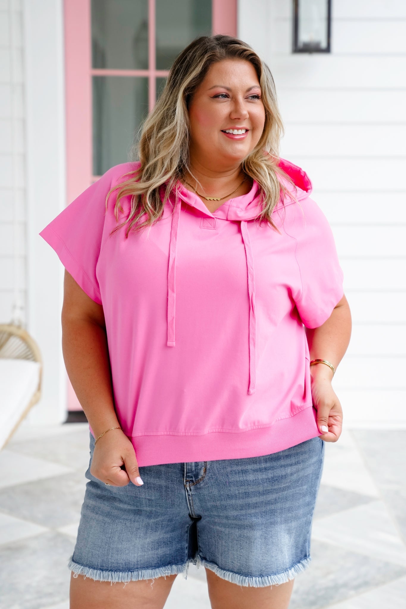 Plus/Reg Cotton Blend Short Sleeve Hoodie Top