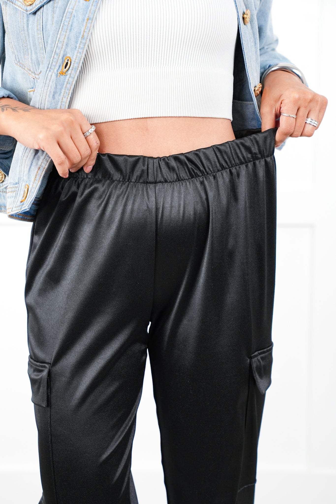 Plus/Reg Black Satin Elastic Waist Cargo Jogger Pants