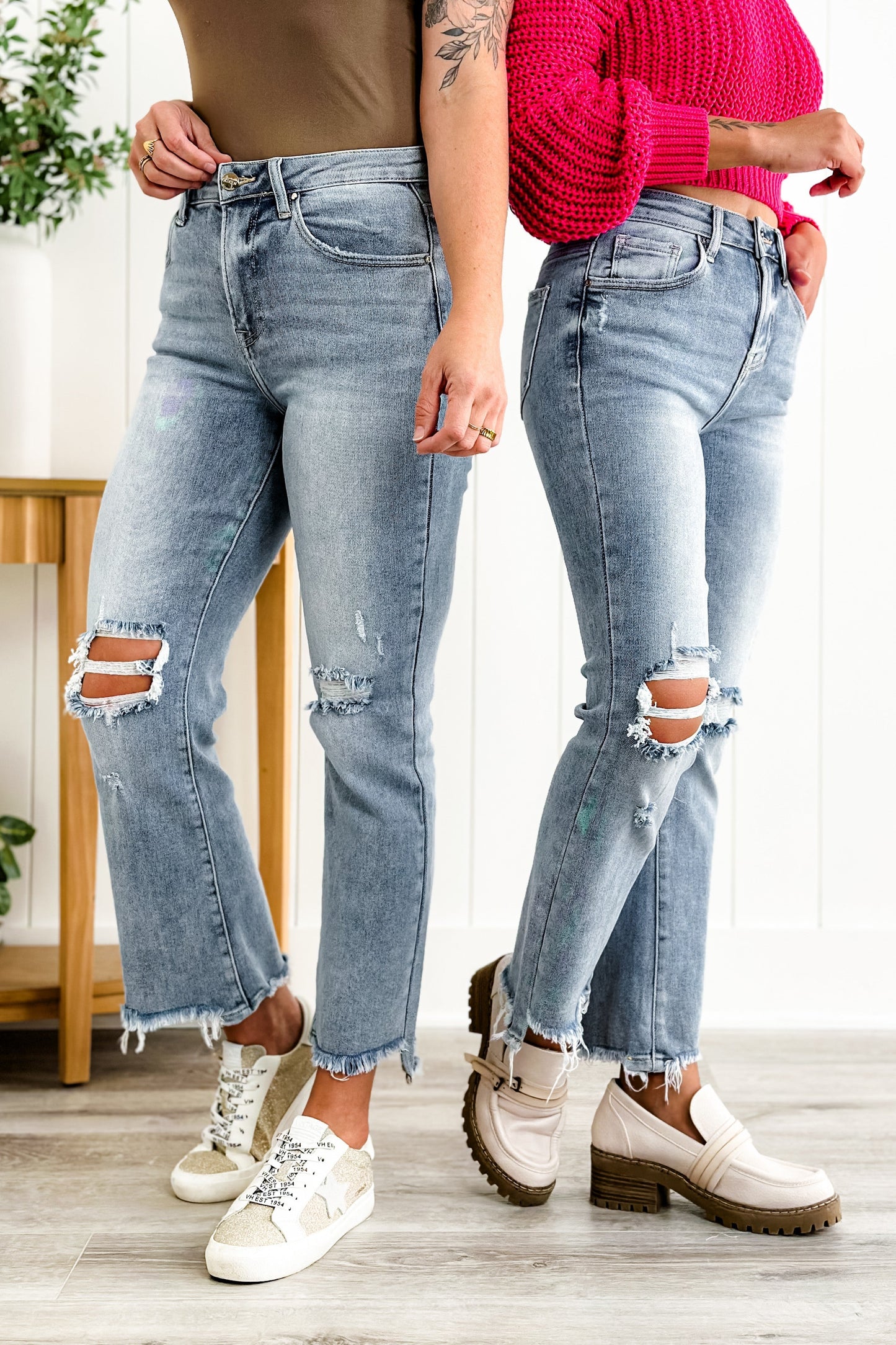 Risen Stella Babe High Rise Light Wash Cropped Distressed Flare Jeans