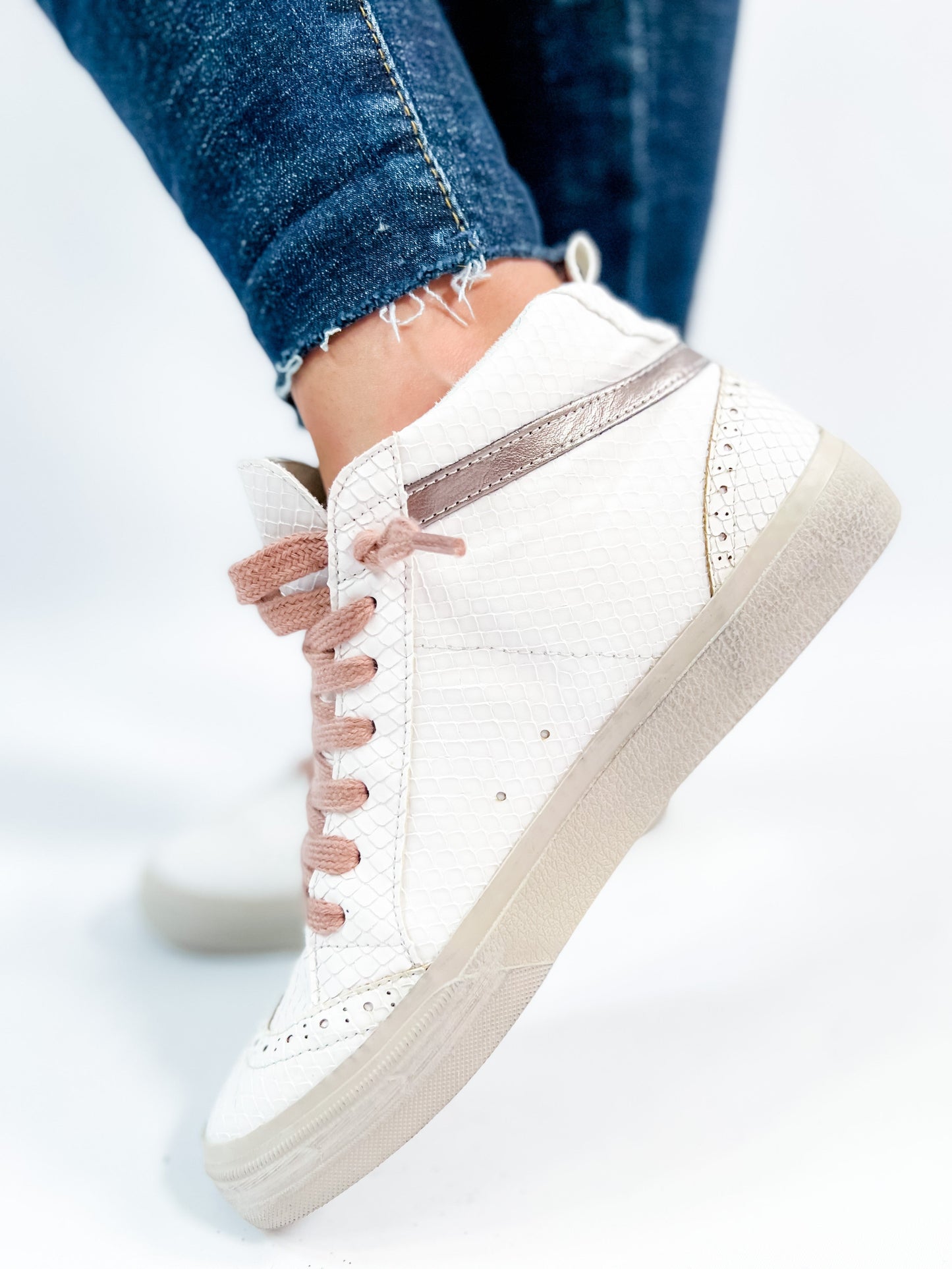 Shu Shop White Snake Texture Bronze Star Hi-Top Sneakers