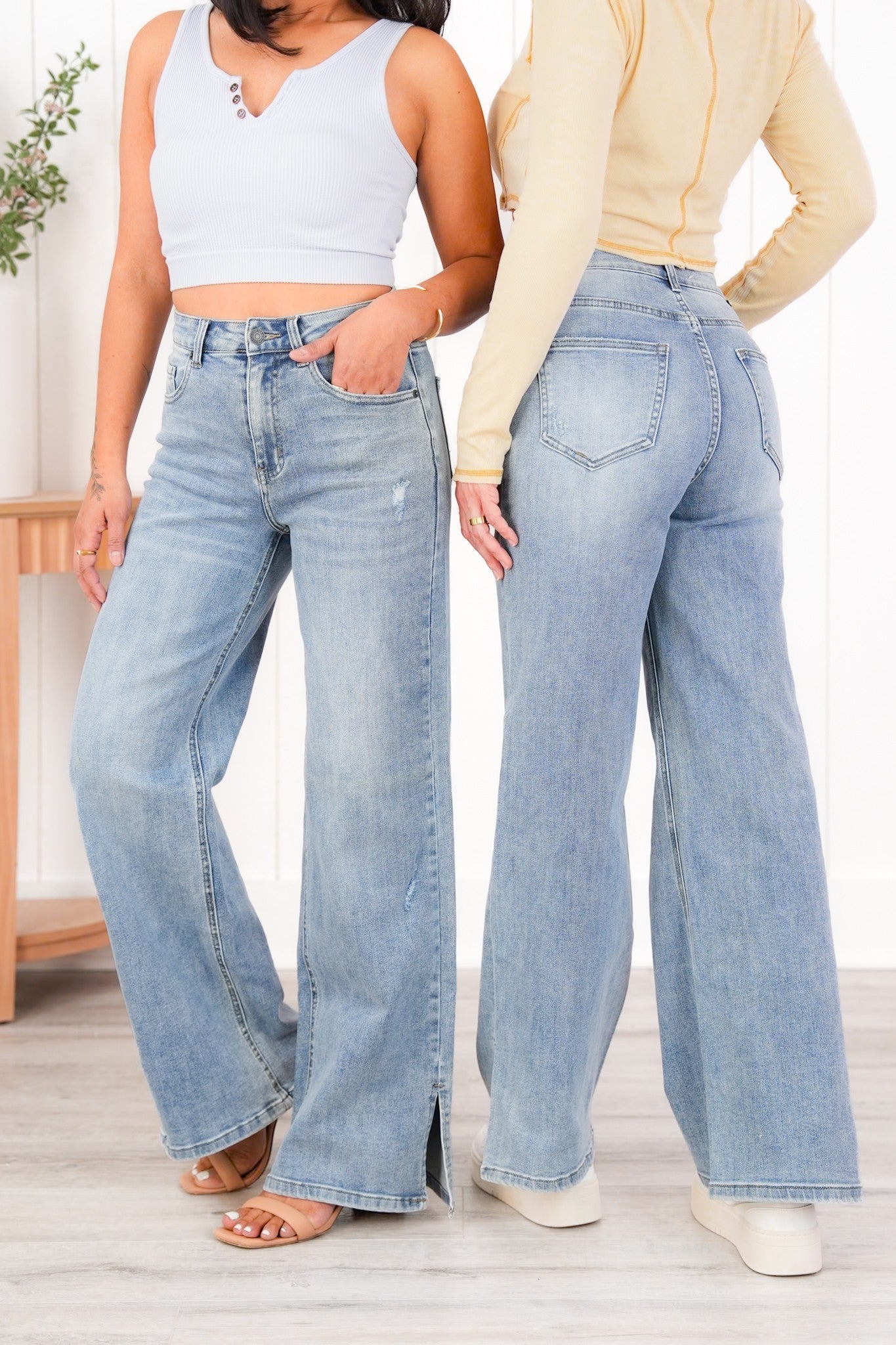 Risen Medium Wash Wide Leg Jeans with Side Slit