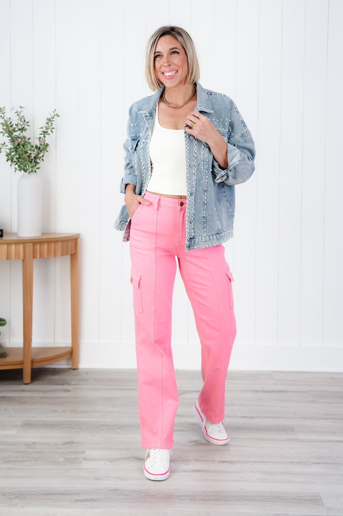 Judy Blue High Rise Pink Garment Dyed Cargo Straight Leg Jeans