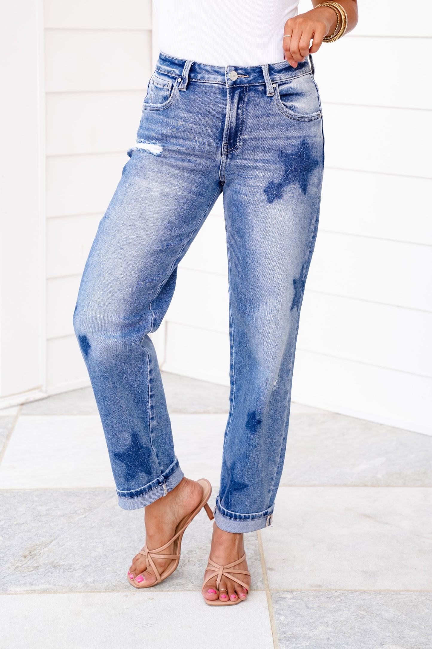 Risen High Rise Medium Wash Star Shade Boyfriend Jeans