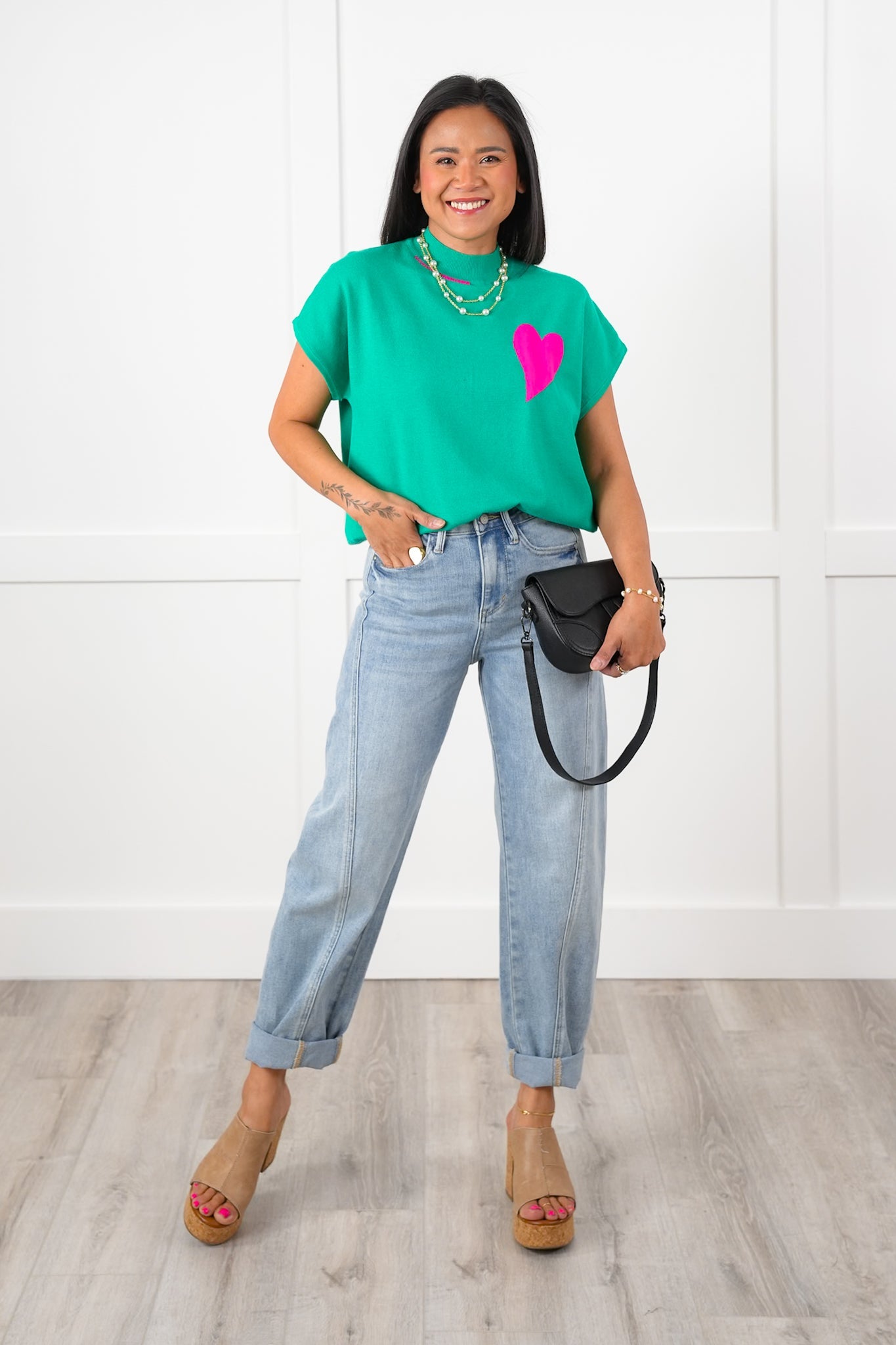 Short Sleeve Mock Neck Sweater with Heart Detail