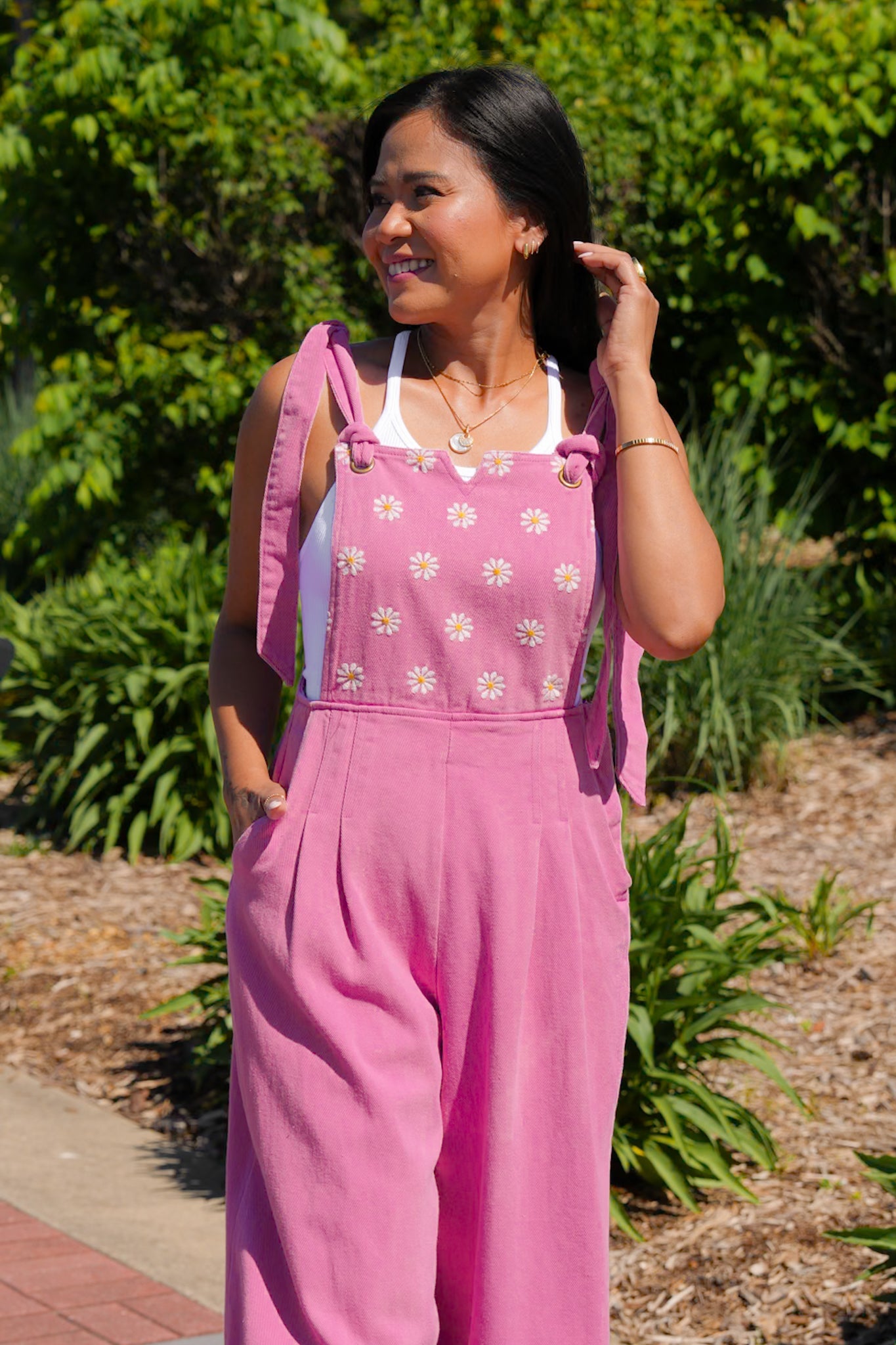 Plus/Reg Pink Wide Leg Overalls With Daisy Embroidered Detail