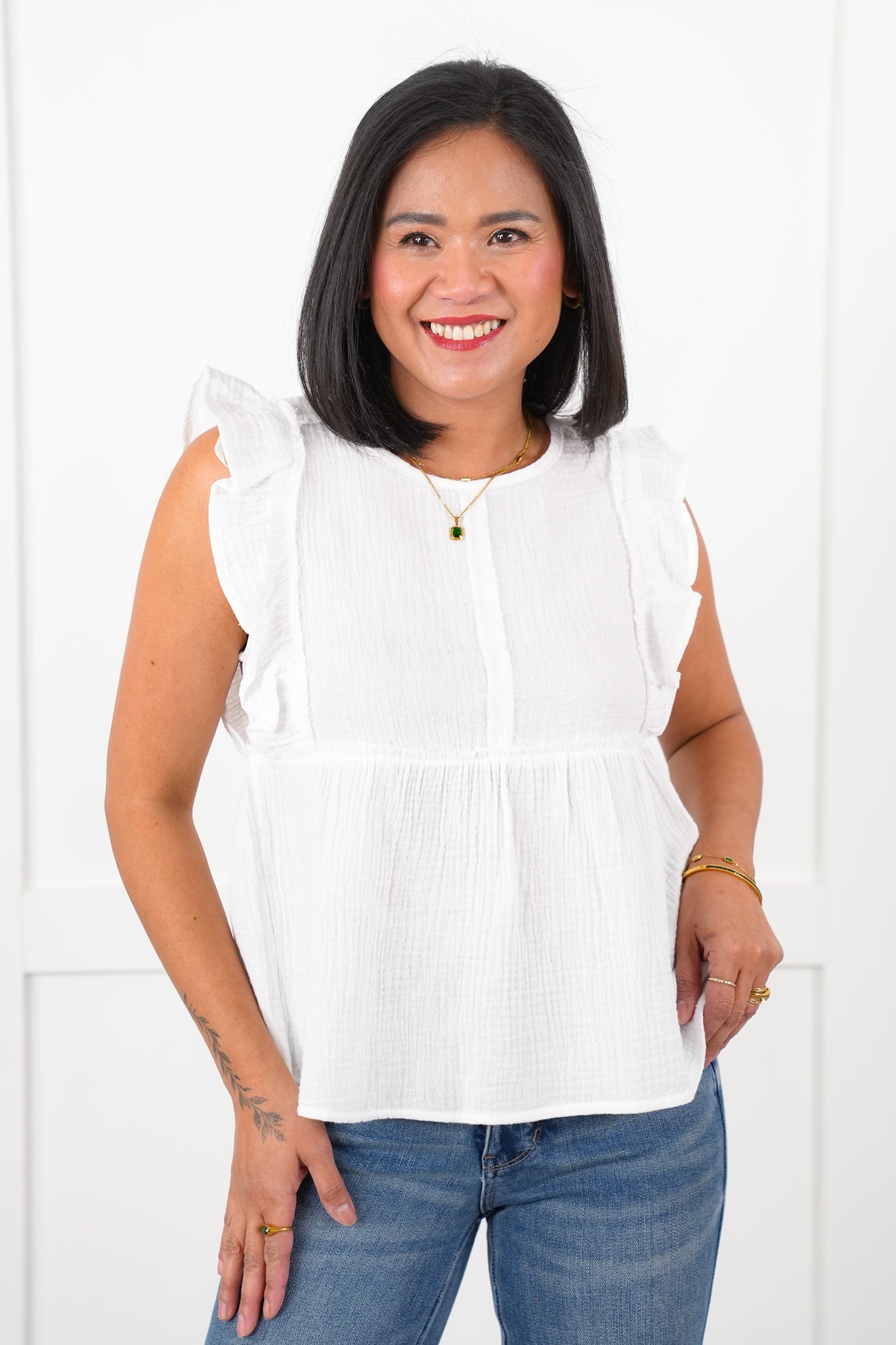 White Gauze Ruffle Sleeve Baby Doll Top