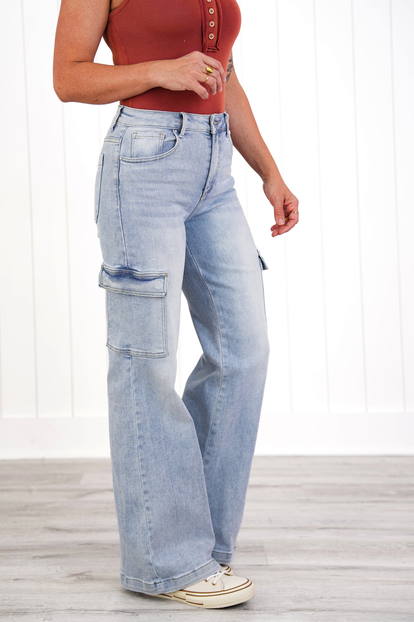 Risen Trend Setter High Rise Light Wash Wide Leg Cargo Jeans