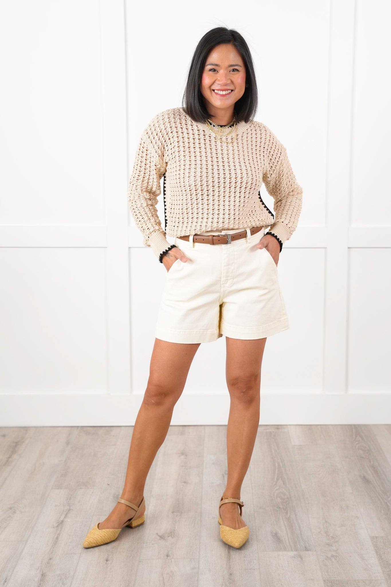 Plus/Reg Natural Loose Knit Long Sleeve Pullover Top with Trim Detail
