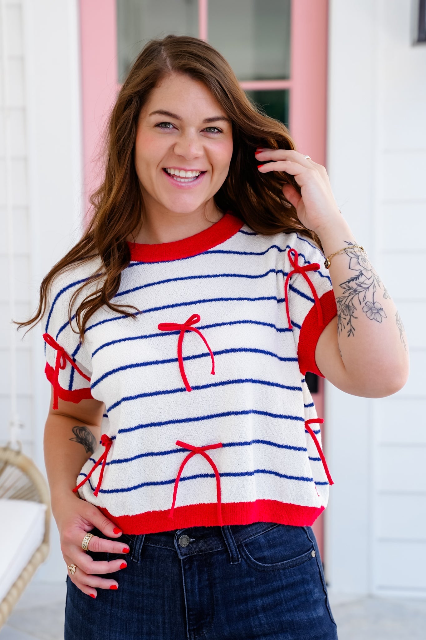 Stripe Short Sleeve Sweater with Bow Detail