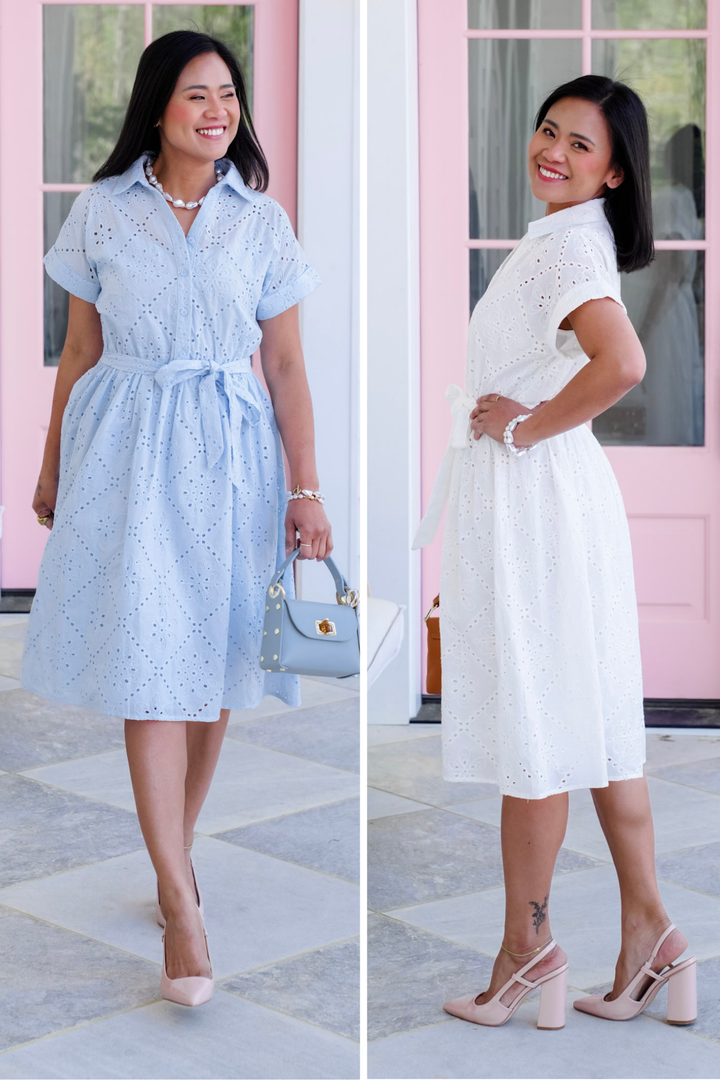 Plus/Reg Eyelet Short Sleeve Button Down Dress