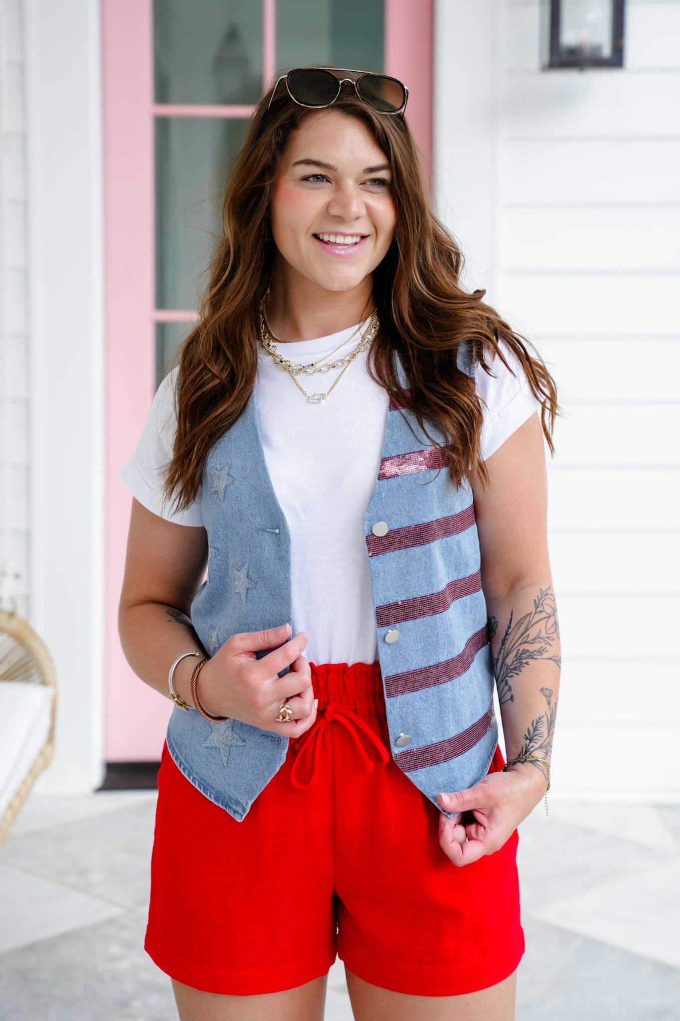 Denim Sleeveless Button Up Vest with Stars & Stripe Sequin Detail