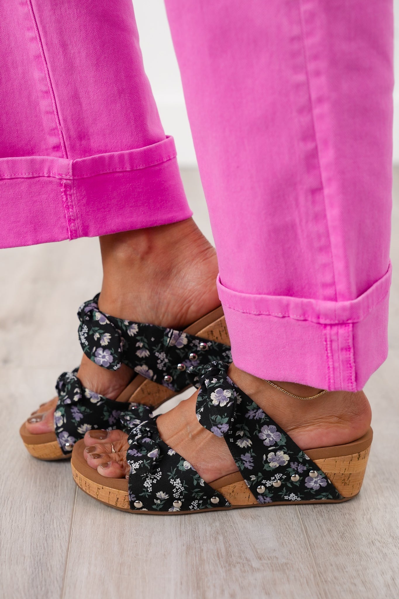 Corky's "Sittin Pretty" Black Floral Cork Wedge Heel with Tied Straps