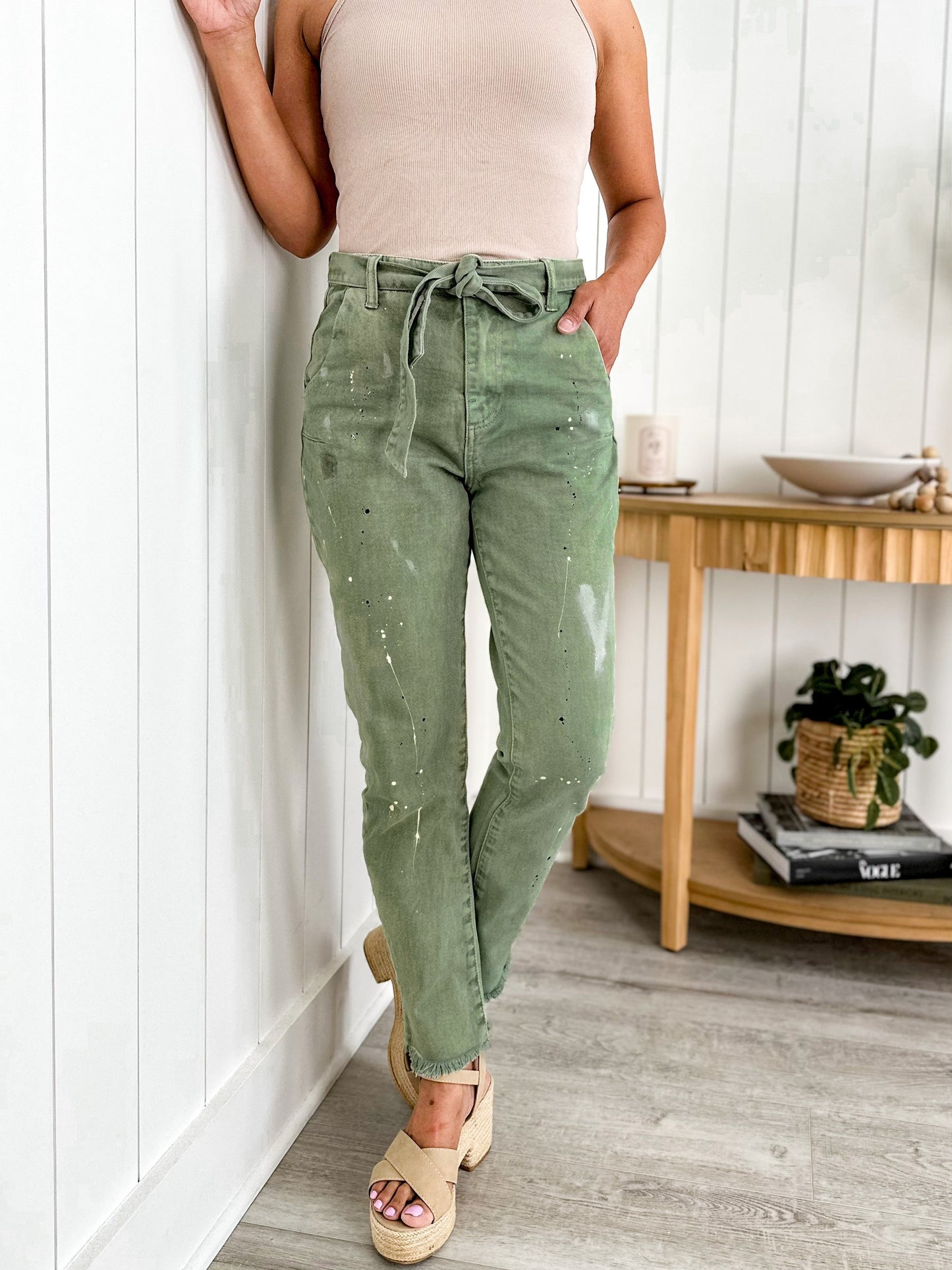 Risen Vintage Paint Splattered Slouch 100% Cotton Olive Pants