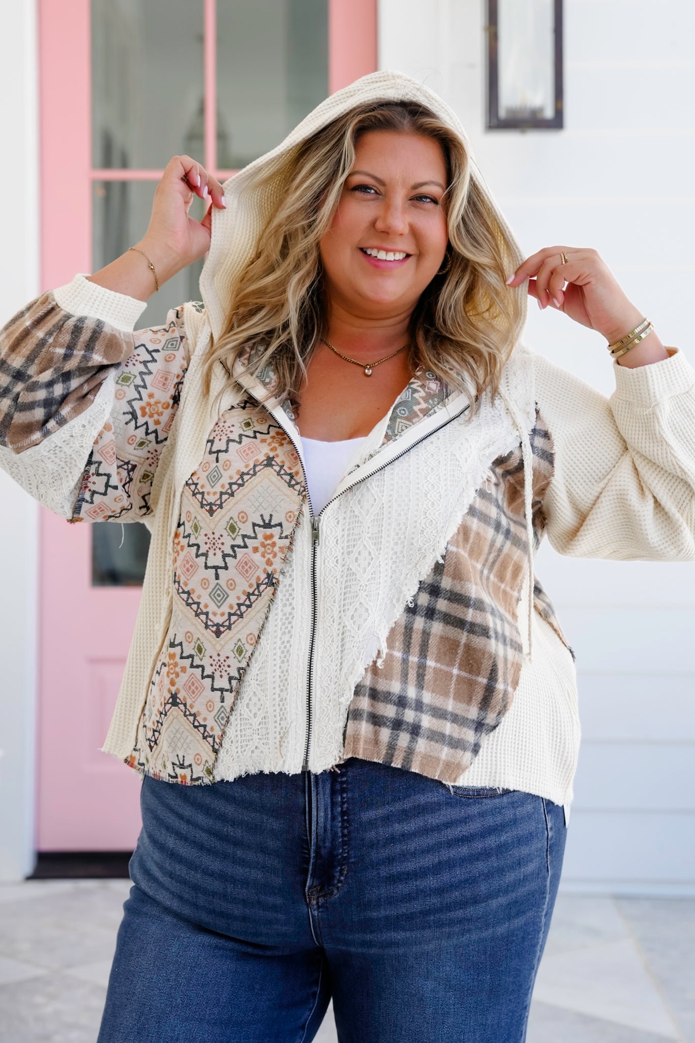 POL Mixed Fabric Long Sleeve Zip-Up Hooded Jacket