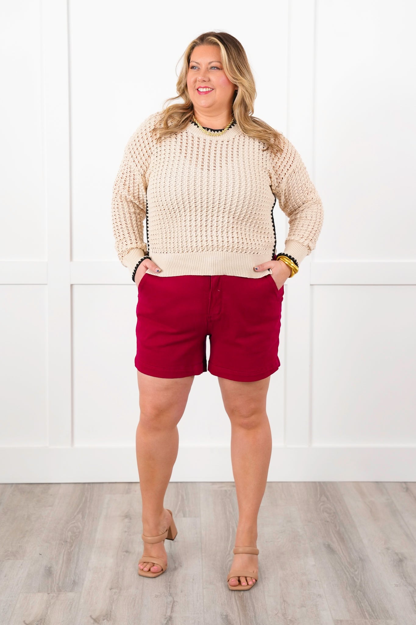 Plus/Reg Natural Loose Knit Long Sleeve Pullover Top with Trim Detail
