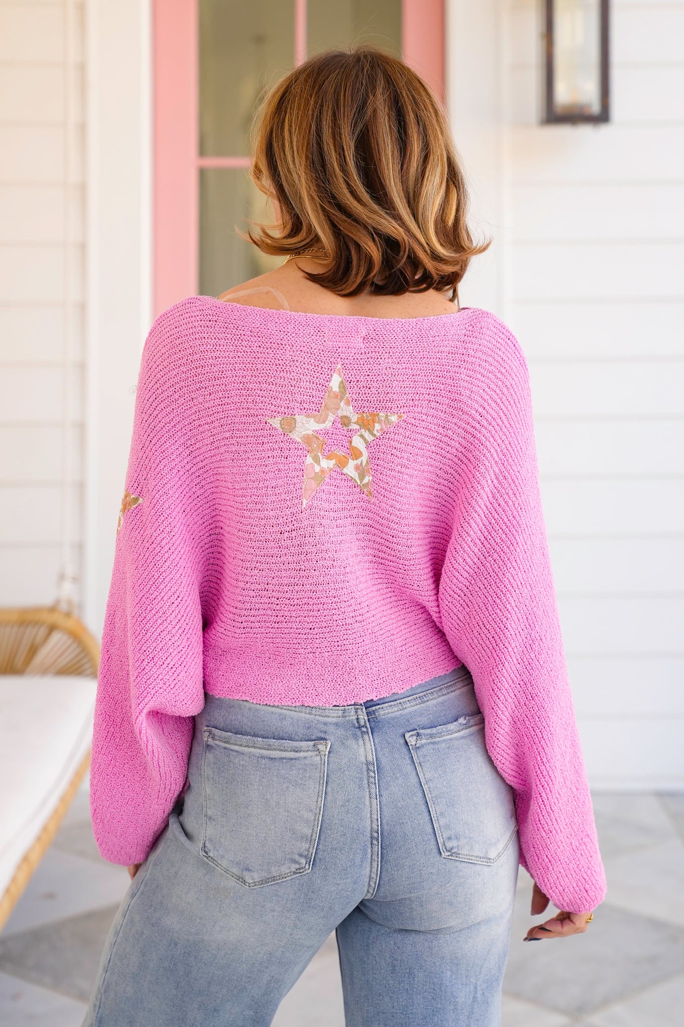 POL Long Dolman Sleeve Cropped Sweater with Floral Star Patch Detail