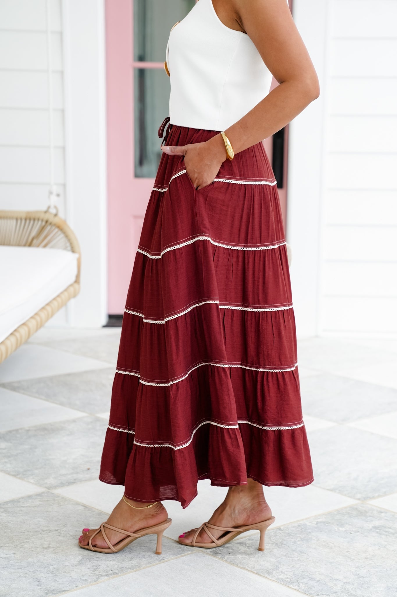 Elastic Waist Tiered Maxi Skirt with Crochet Trim Detail