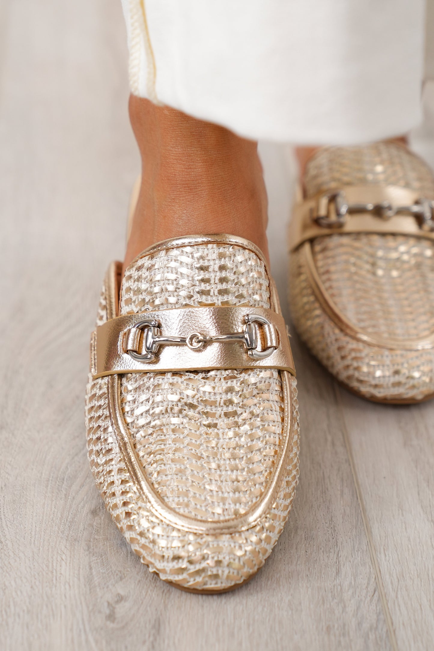 MIA Woven Metallic Loafers with Metal Buckle