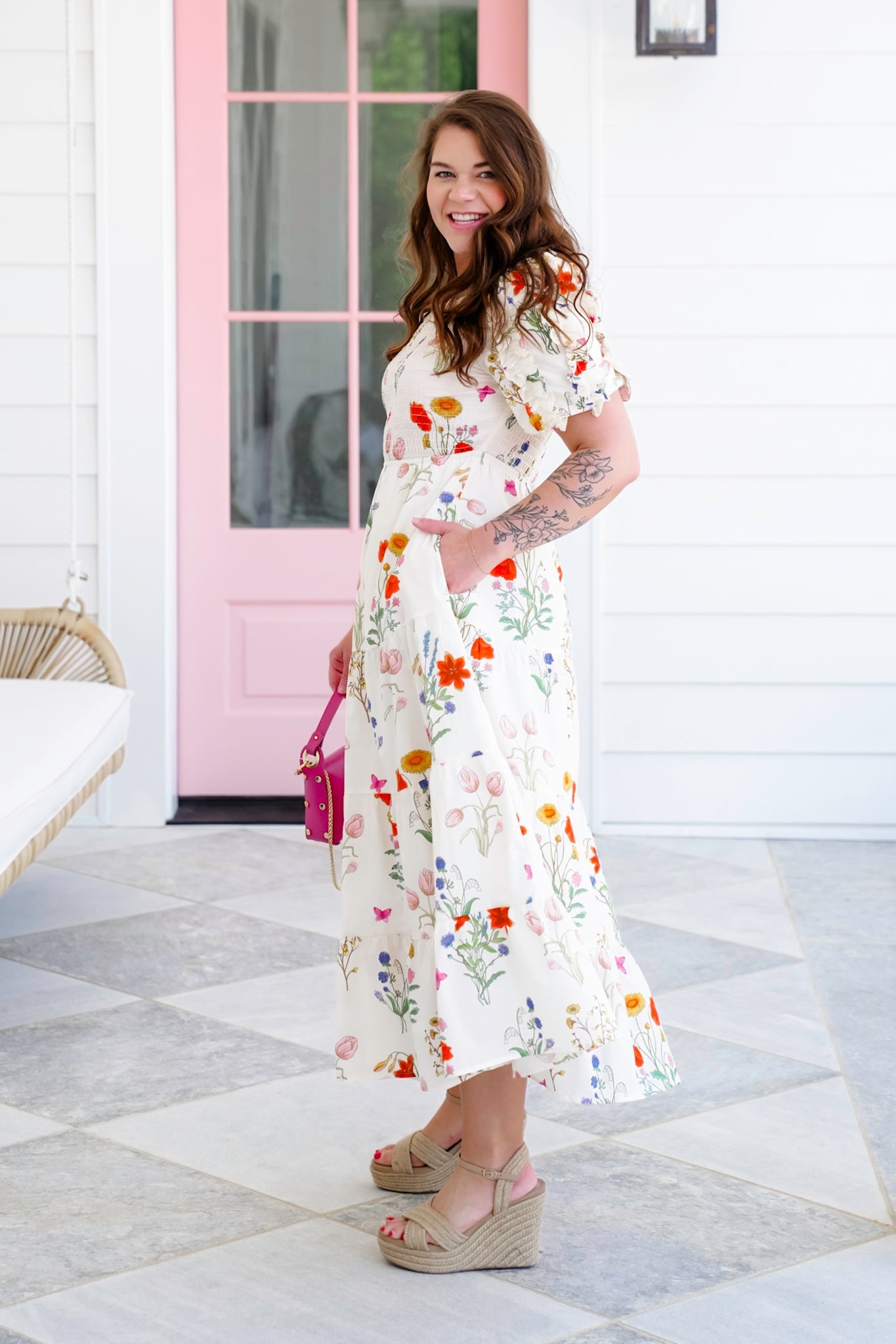 Floral Print Short Puff Sleeve Smocked Bodice Tiered Maxi Dress