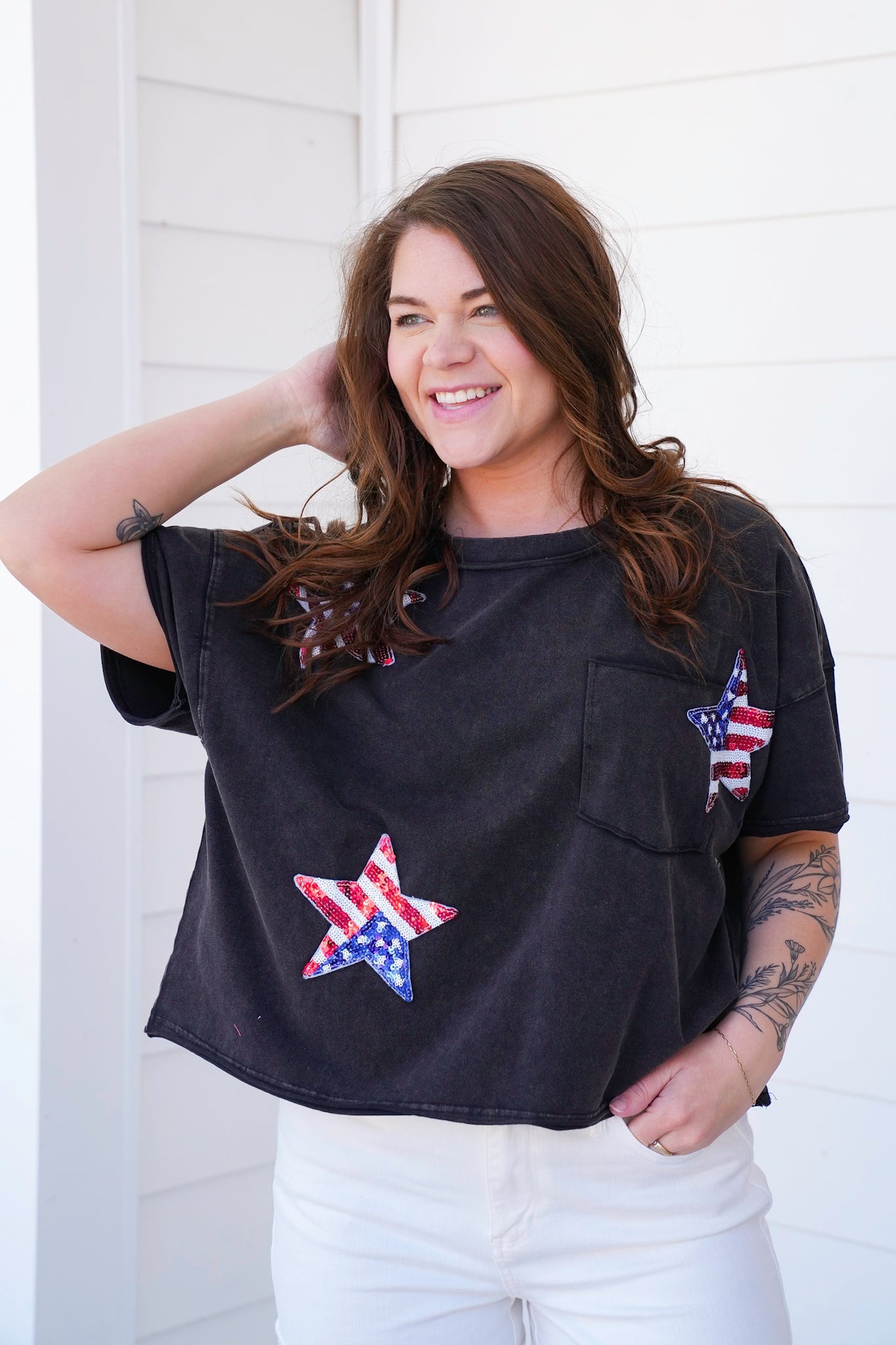 Plus/Reg Mineral Wash Short Sleeve Top with Sequin Star Patch Detail